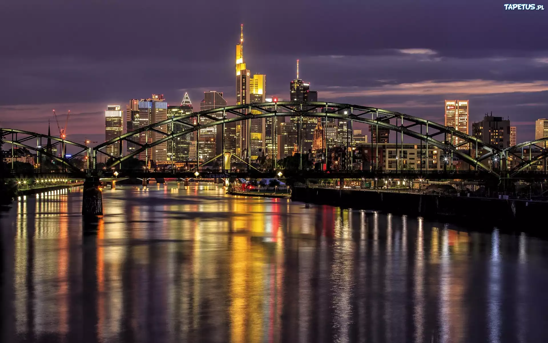Miasto nocą, Frankfurt, Niemcy, Rzeka, Most