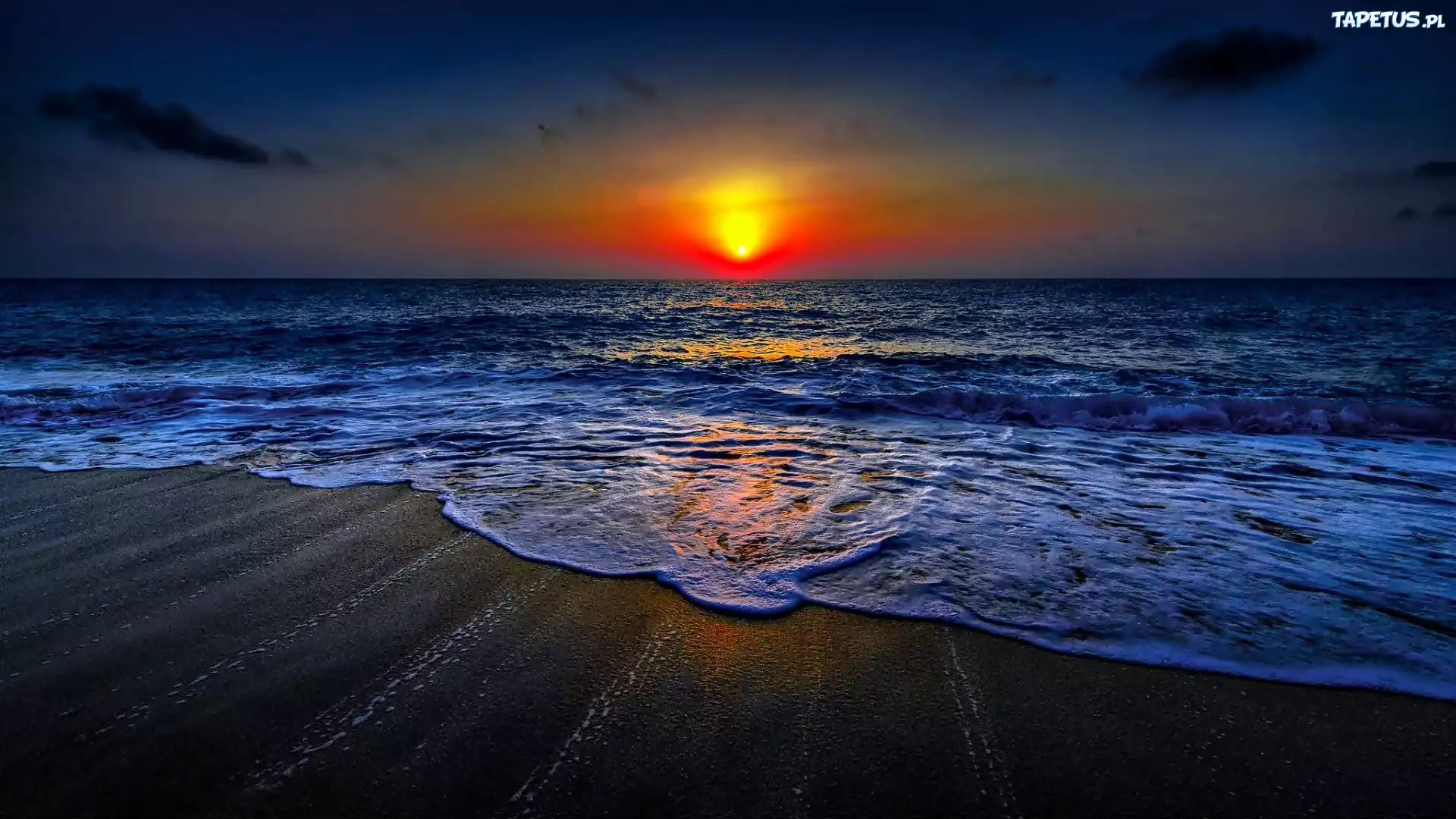 Morze, Zachód Słońca, Plaża, Fale
