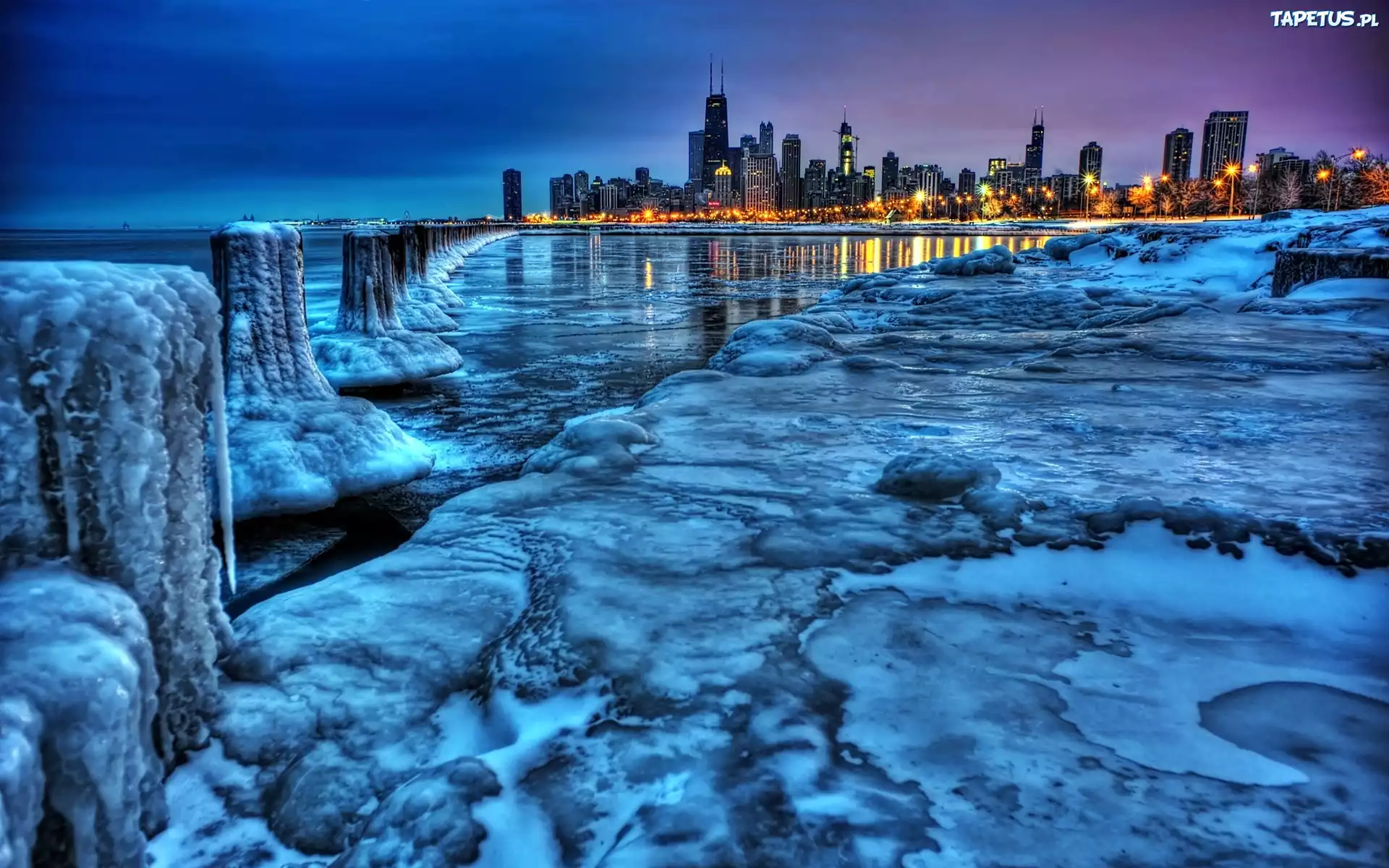 Panorama, Chicago, Nocą, Jezioro, Michigan, Lód