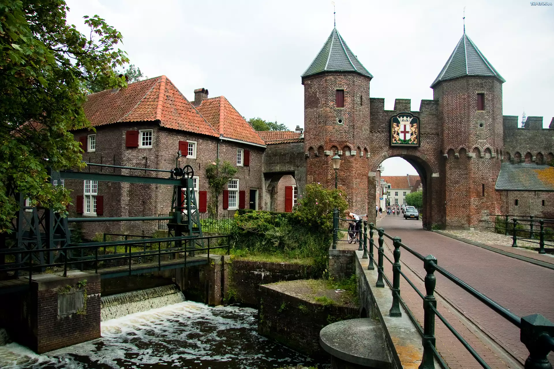 Baszty, Brama, Fragment, Murów, Obronnych, Rzeka, Eem, Most, Śluza, Amersfoort