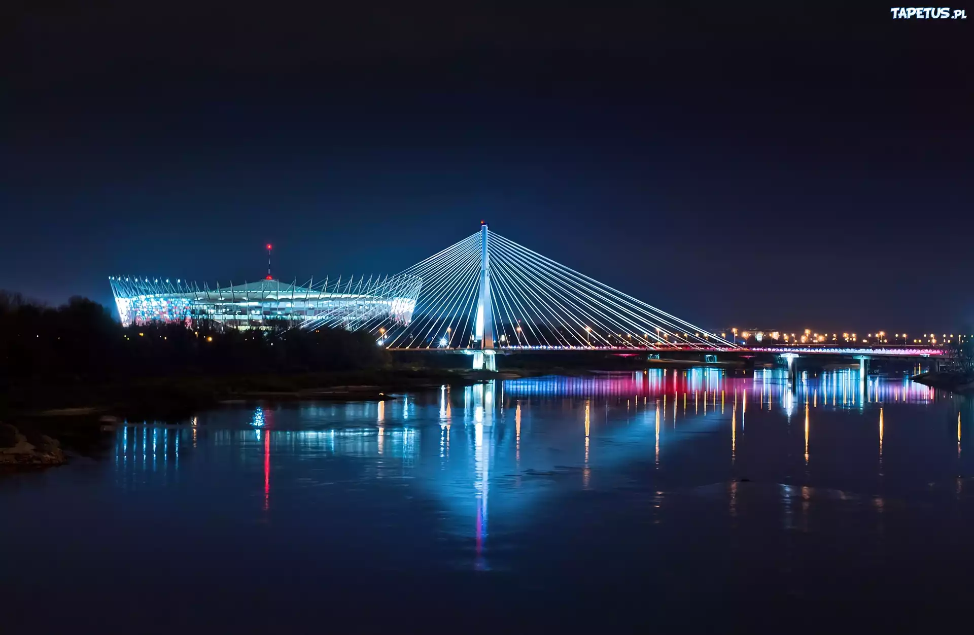 Warszawa, Noc, Stadion Narodowy, Wisła, Most Świętokrzyski