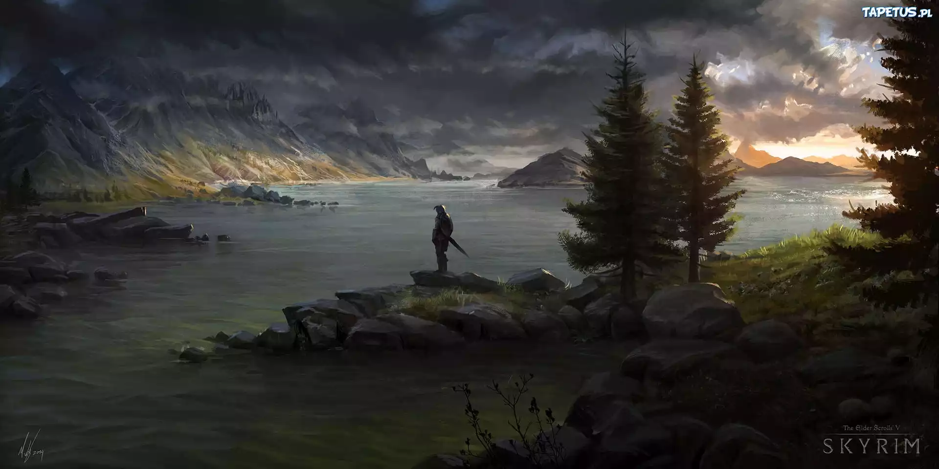 Skyrim, Góry, Morze, Drzewa, Rycerz