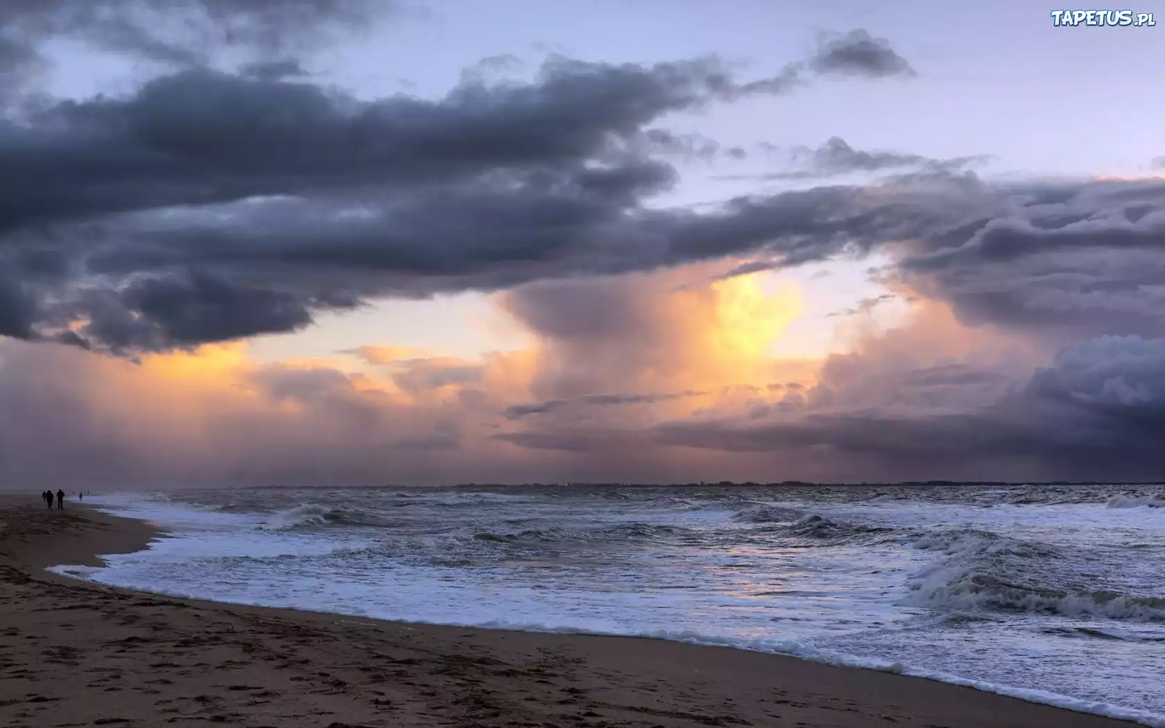 Plaża, Morze, Fale, Ludzie, Chmury, Przebijające, Światło