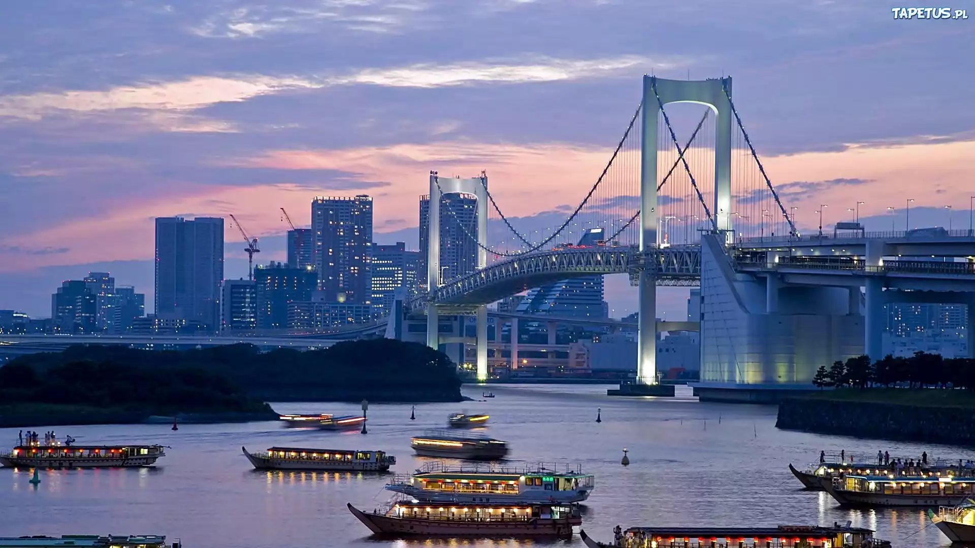 Świt, Panorama, Tokio, Most, Morze, Statki