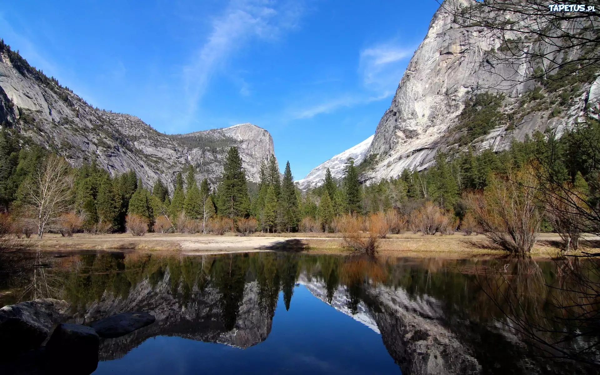 Góry, Jezioro, Drzewa, Yosemite, Kalifornia