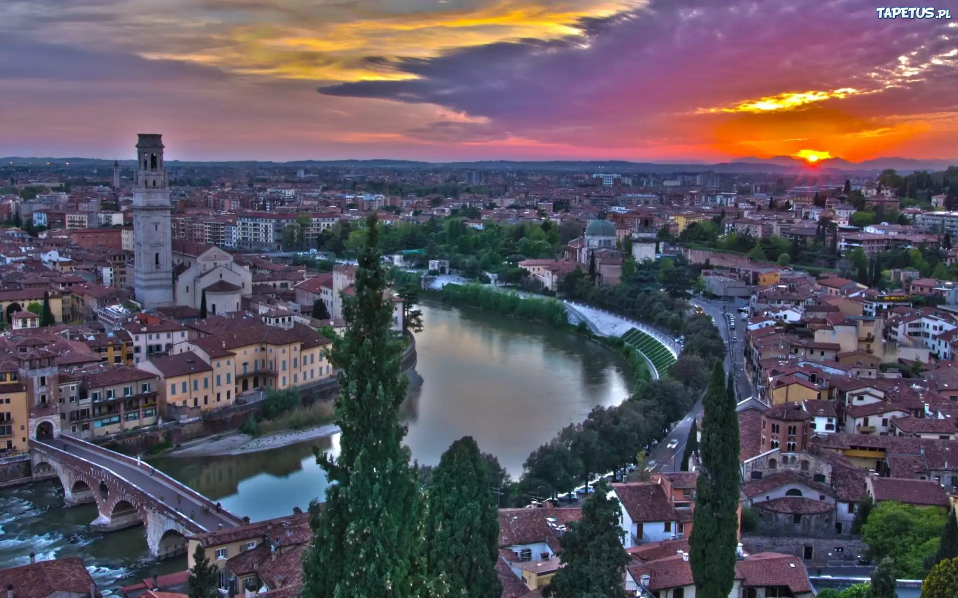 Domy, Rzeka, Zachód, Słońca, Verona, Panorama, Miasta, Włochy
