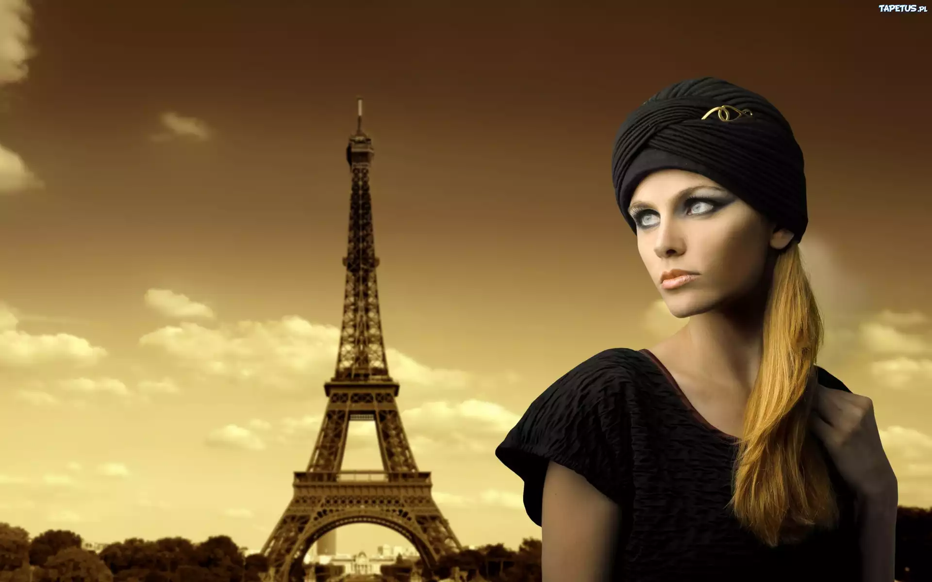 Kobieta, Blondynka, Makijaż, Turban, Paryż, Wieża Eiffla