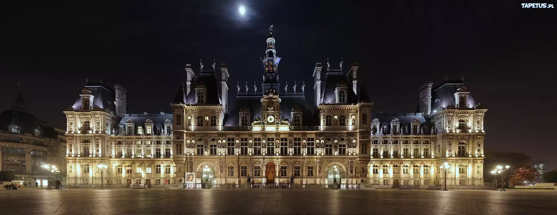 Hotel de Ville, Paryż, Francja, Panorama, Noc, Światła