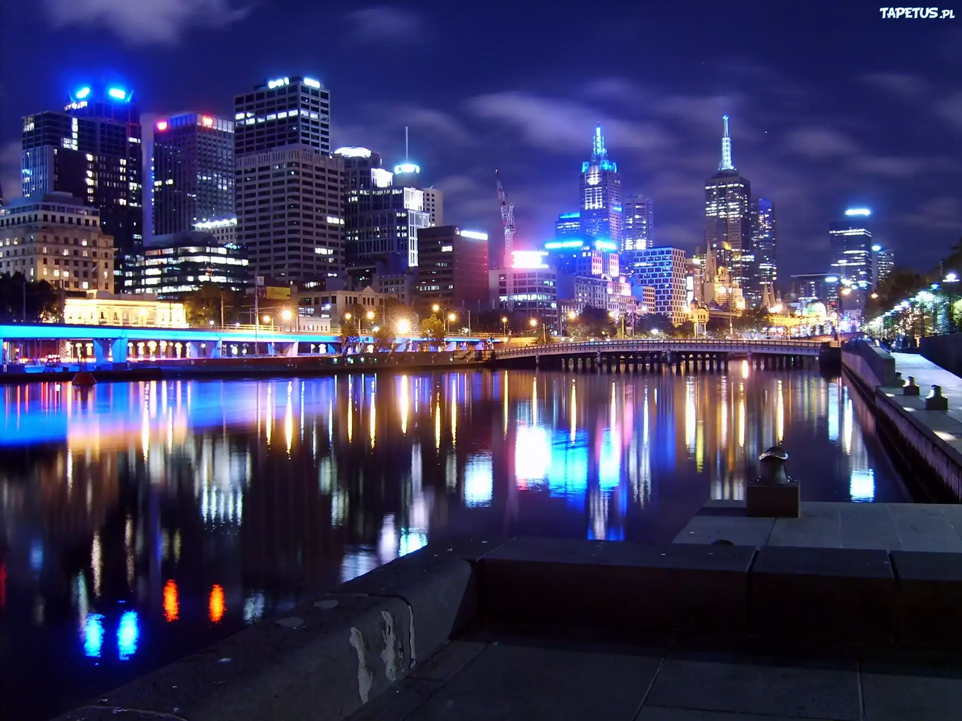 Melbourne, Nocna, Panorama, Miasta, Rzeka, Yarra, Most
