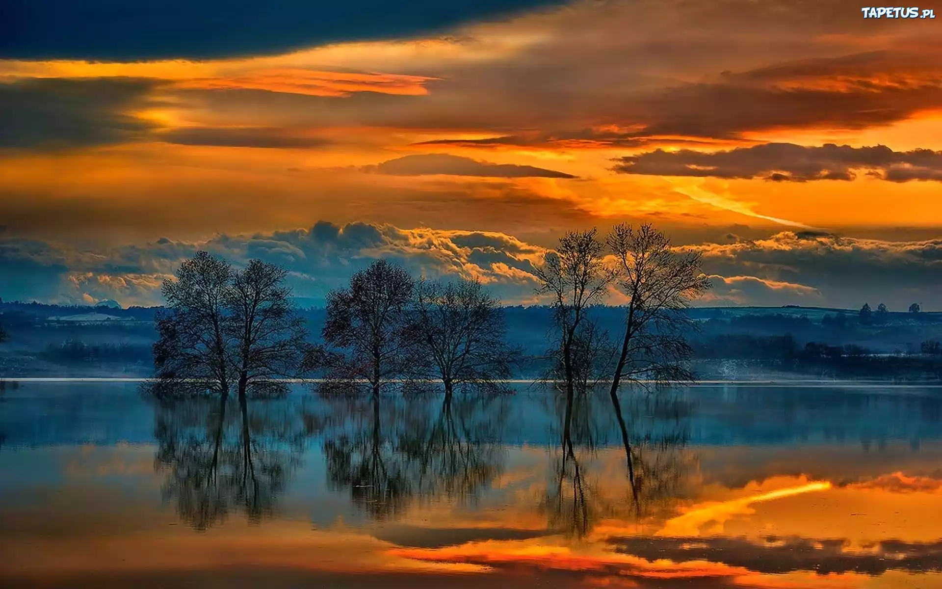 Jezioro, Odbicie, Zachód słońca