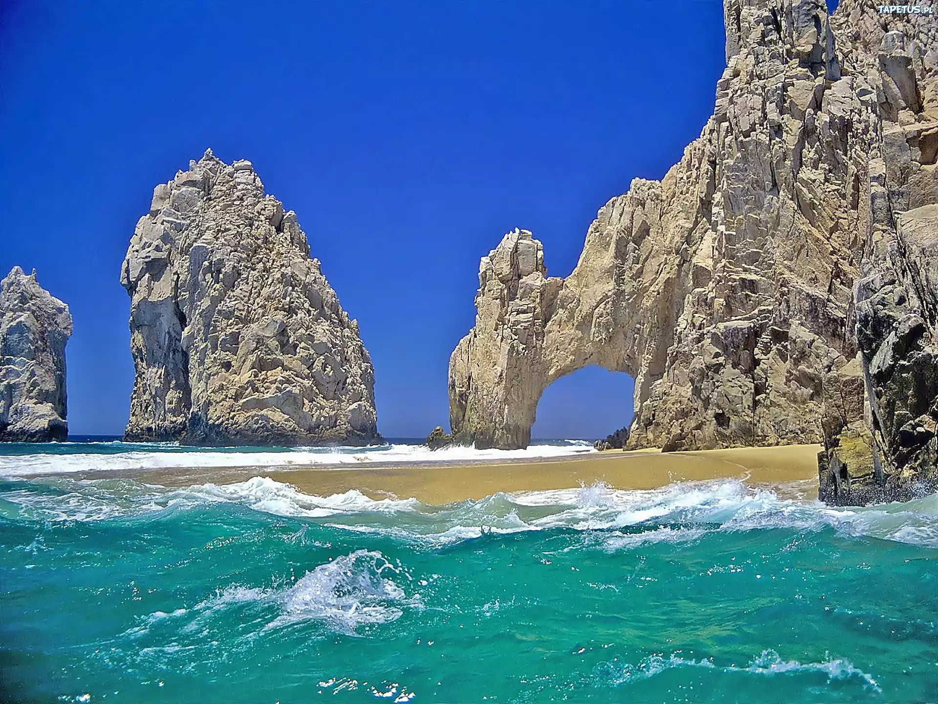 Morze, Plaża, Fale, Niebo, Skały, Cabo San Lucas, Meksyk