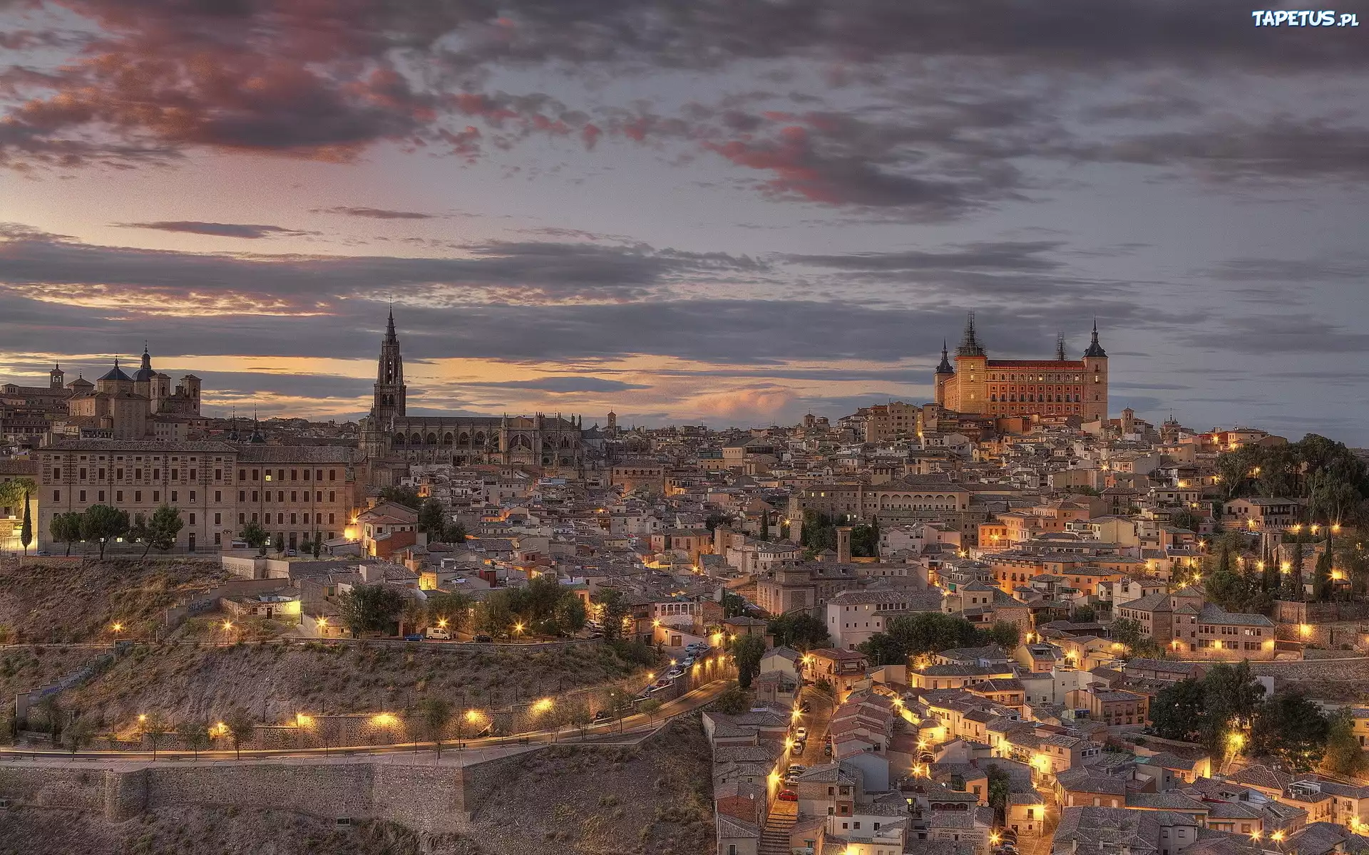 Toledo, Panorama, Miasta, Światła, Zmierzch, Hiszpania