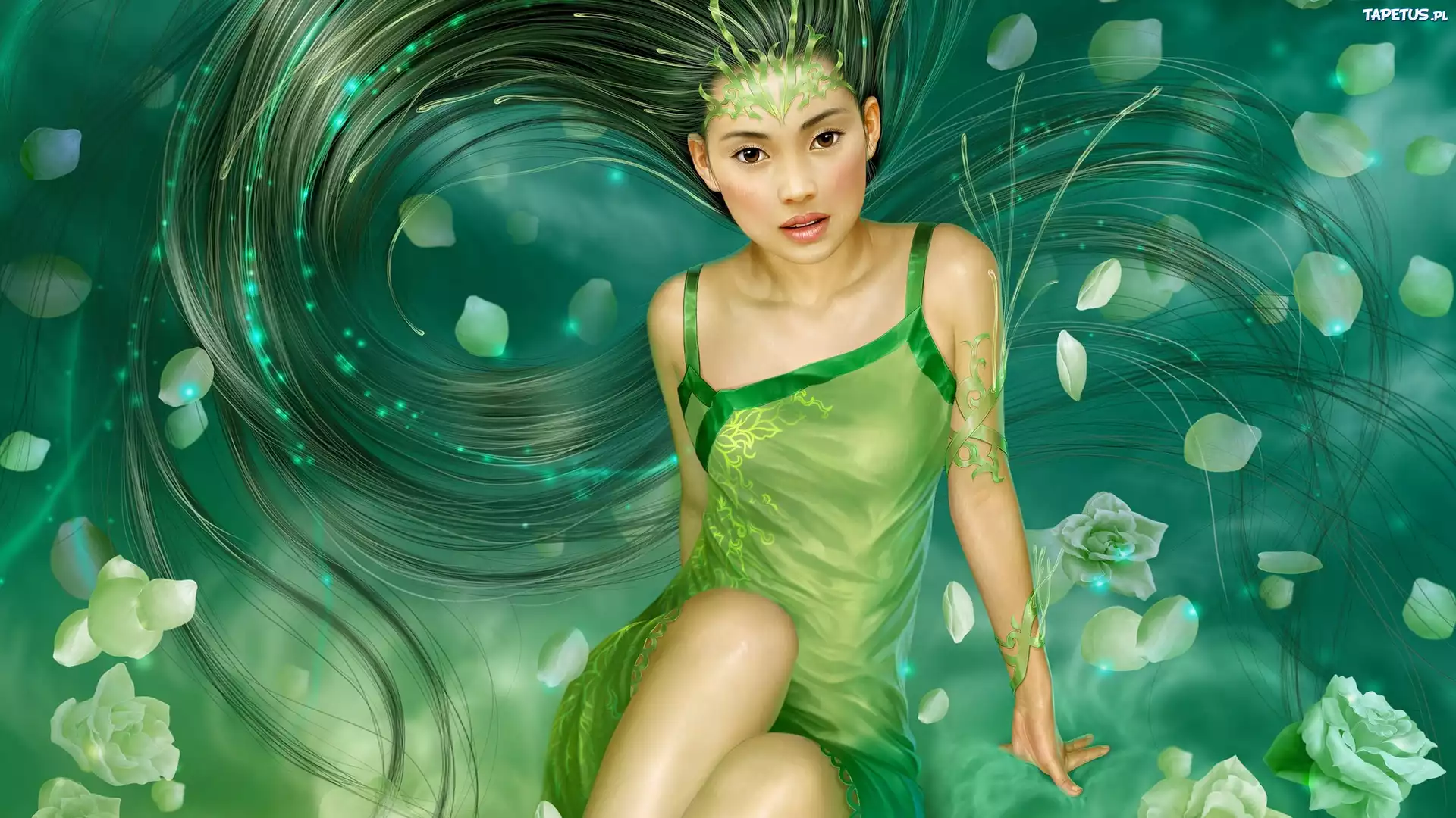 Fantasy, Kobieta, Włosy, Kwiaty