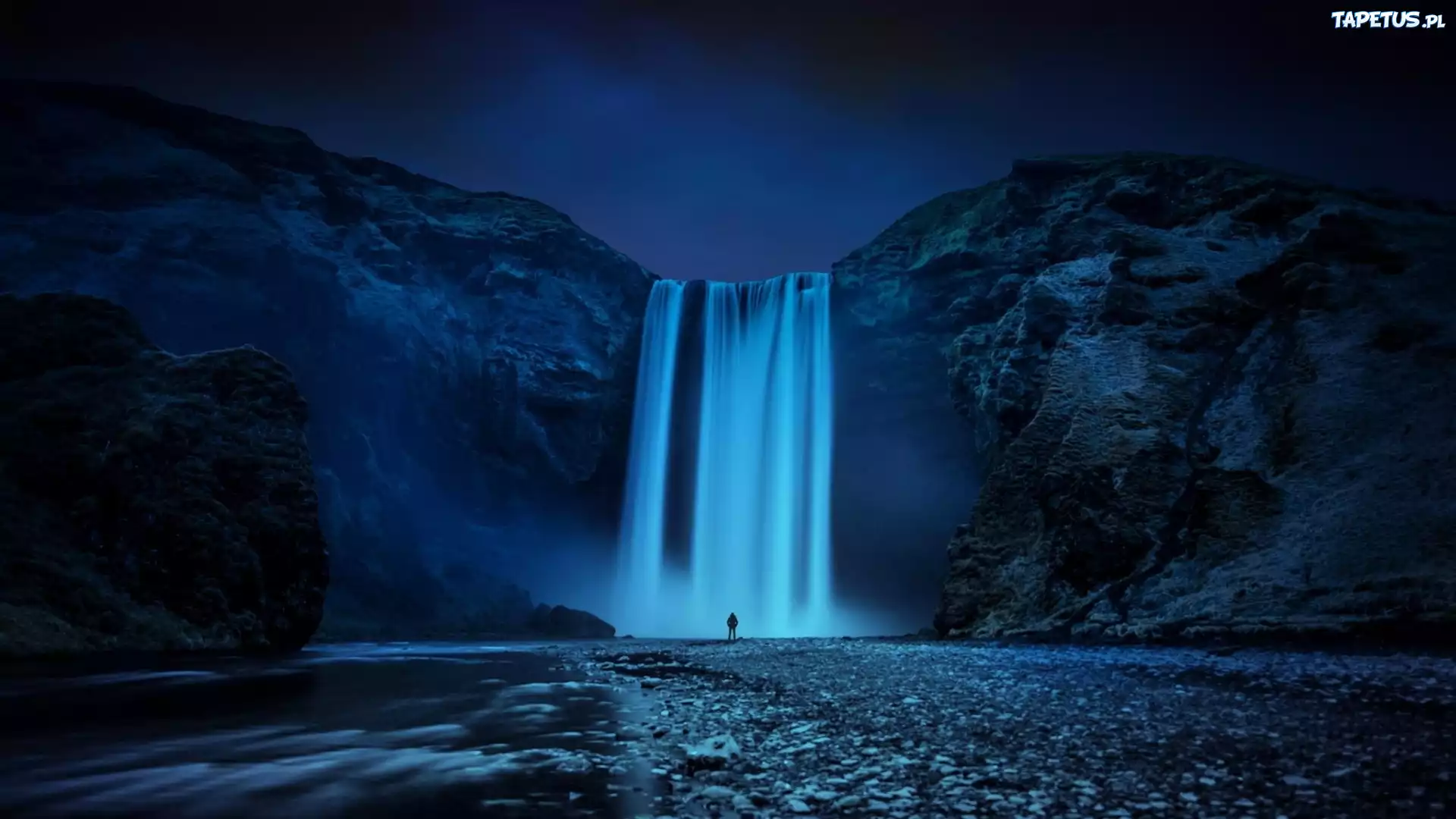 Wodospad, Skogafoss, Rzeka, Noc