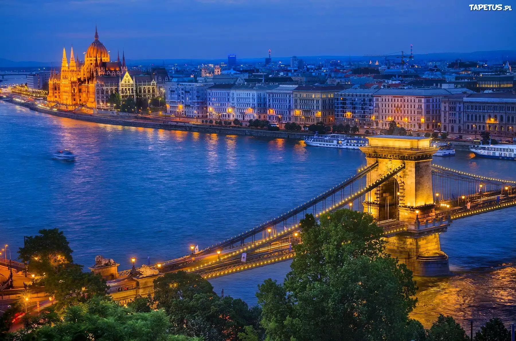 Most, Rzeka, Statki, Budapeszt, Panorama, Miasta, Zmrok