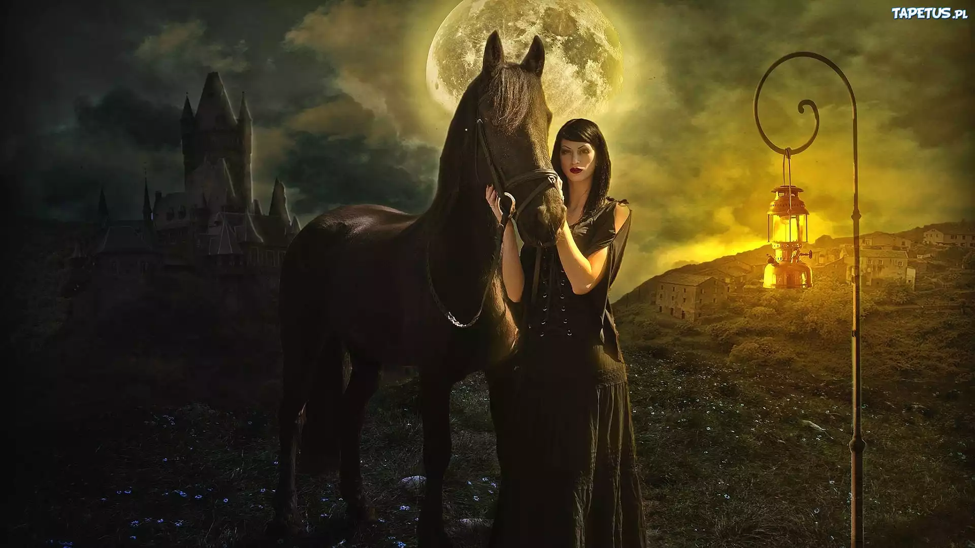 Fantasy, Brunetka, Koń, Domy, Zamek, Księżyc, Lampa