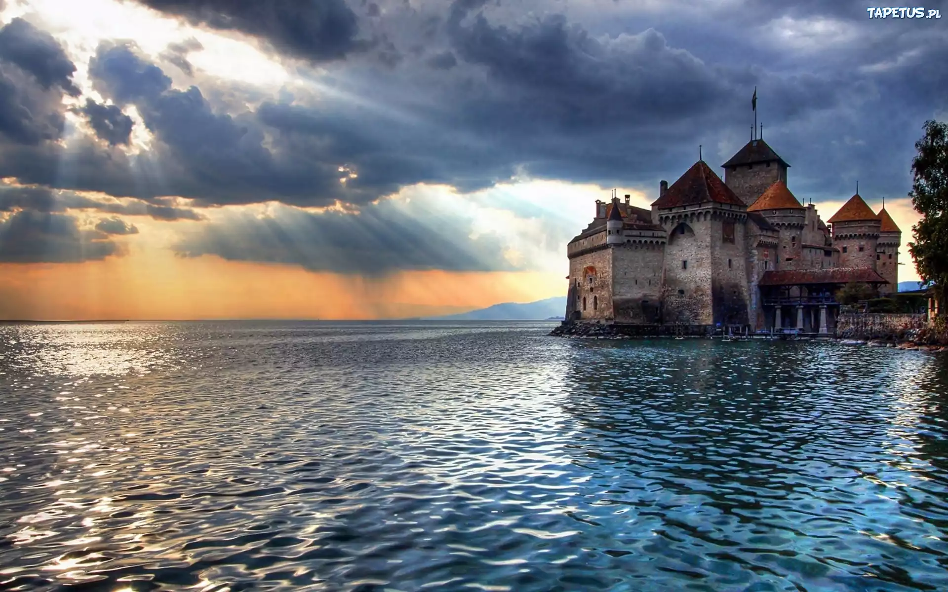 Zamek, Chillon, Jezioro, Genewskie, Chmury, Przebijające, Światło