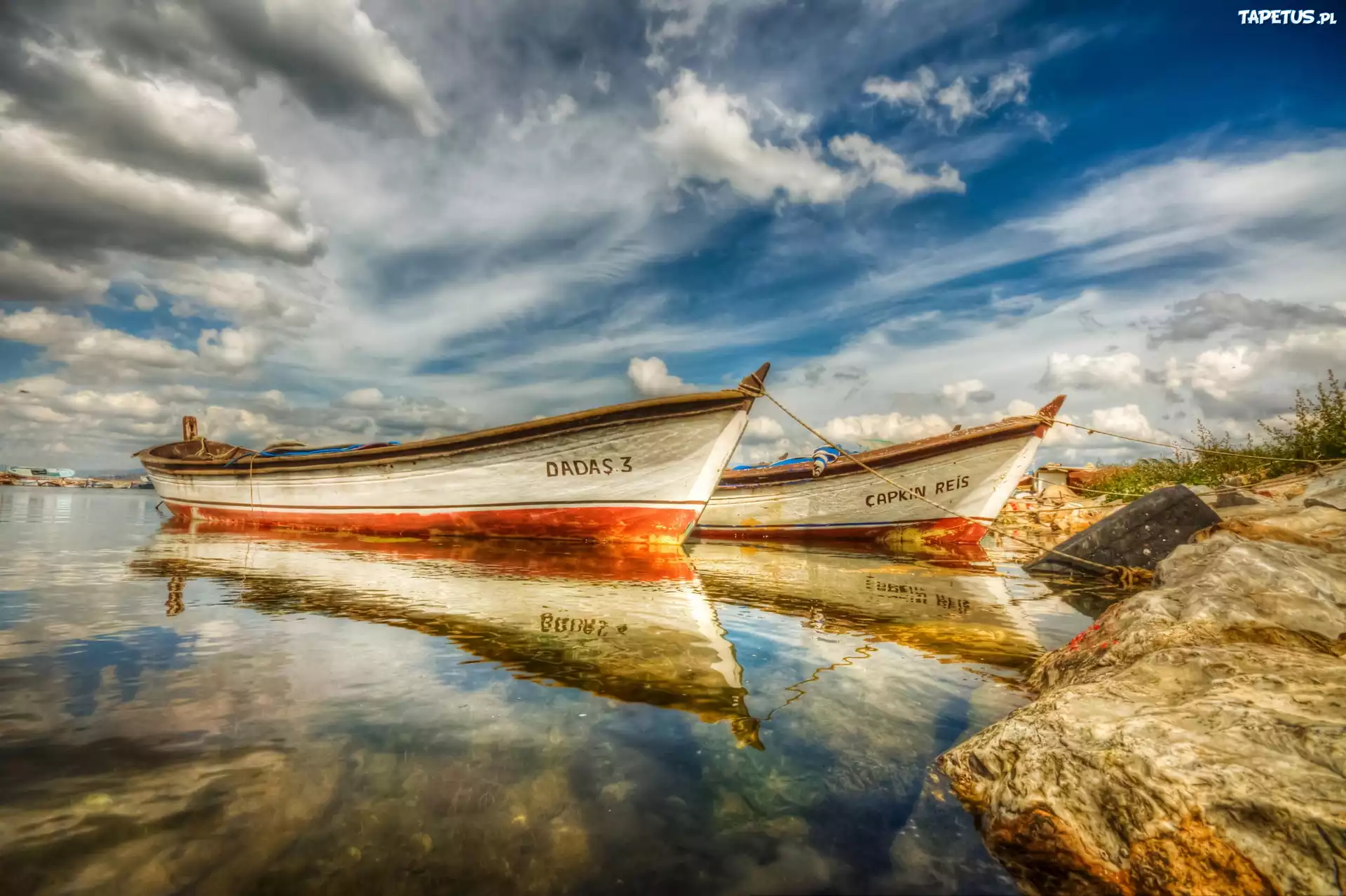 Morze, Plaża, Niebo, Chmury, Dwie, Łodzie, Odbicie