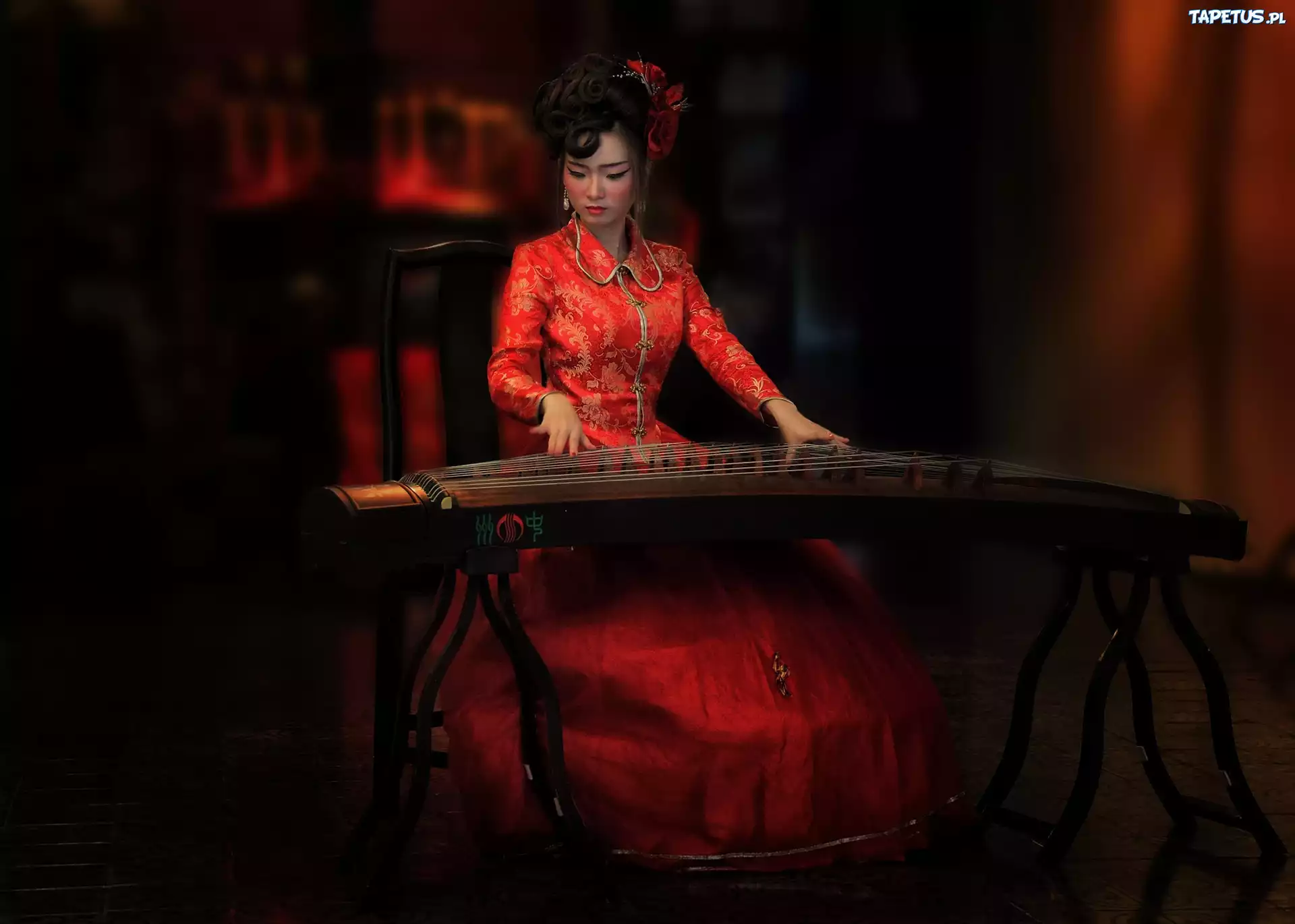 Dziewczyna, Czerwona, Sukienka, Muzyka, Instrument