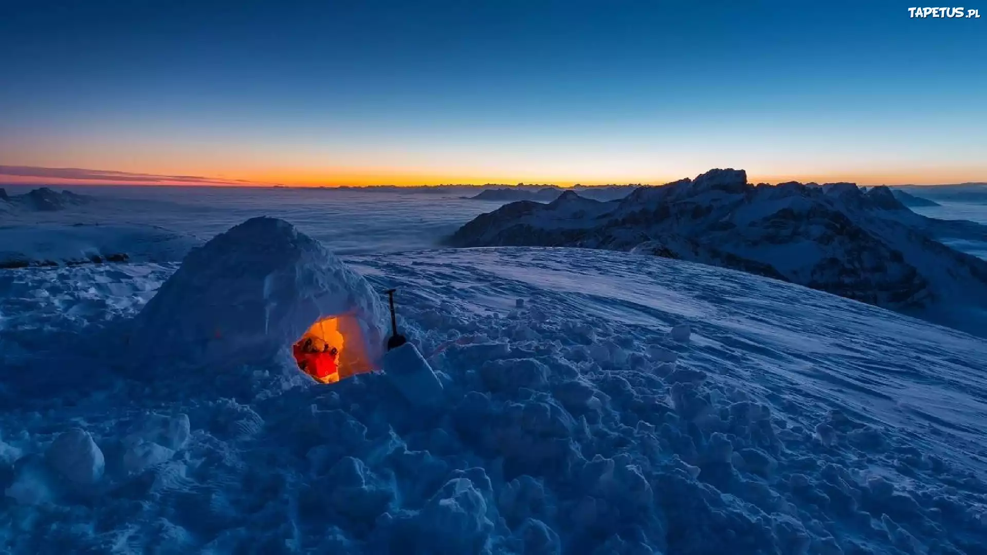 Zachód, Słońca, Igloo, Śnieg, Skały