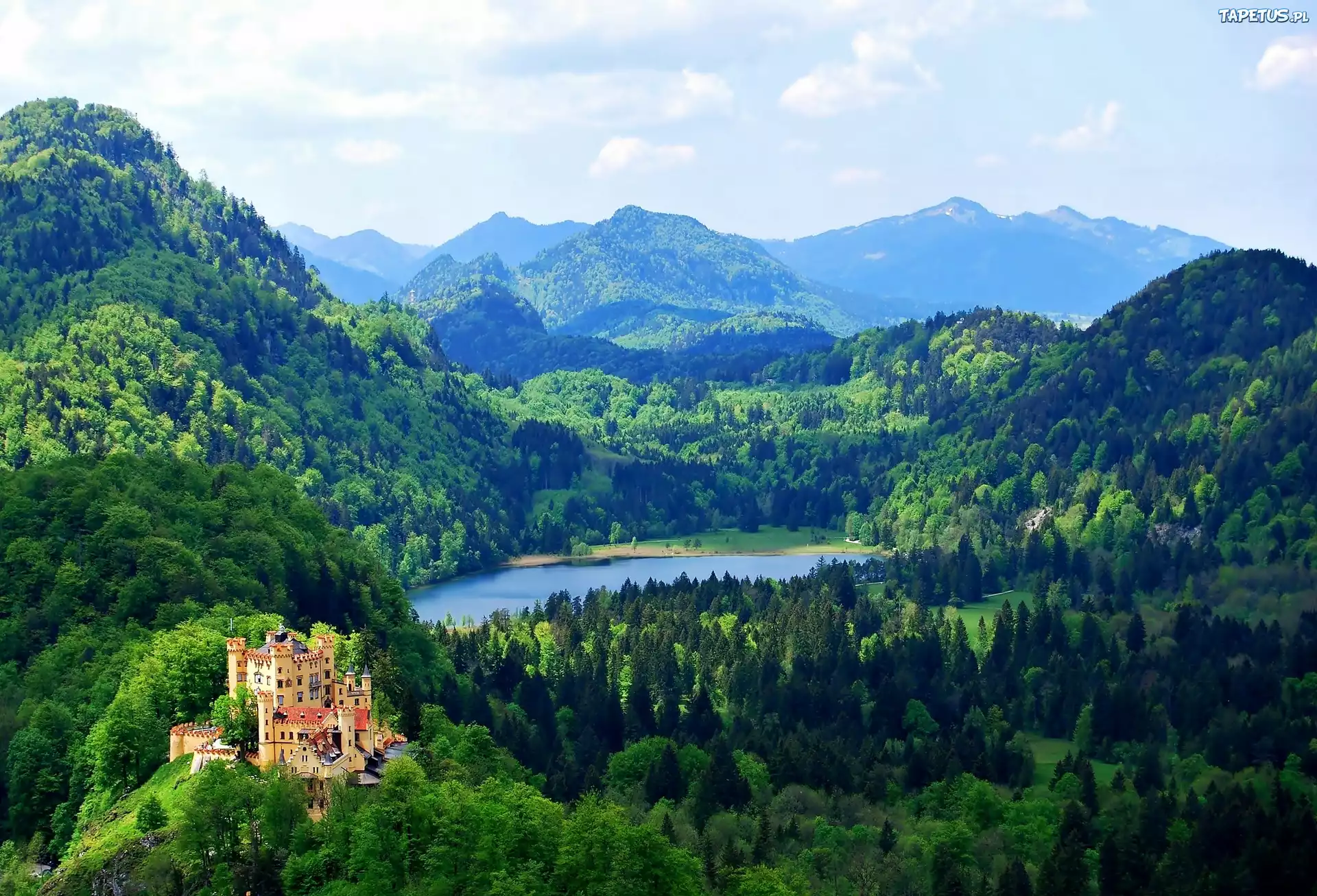 Góry, Lasy, Jezioro, Zamek, Hohenschwangau, Bawaria