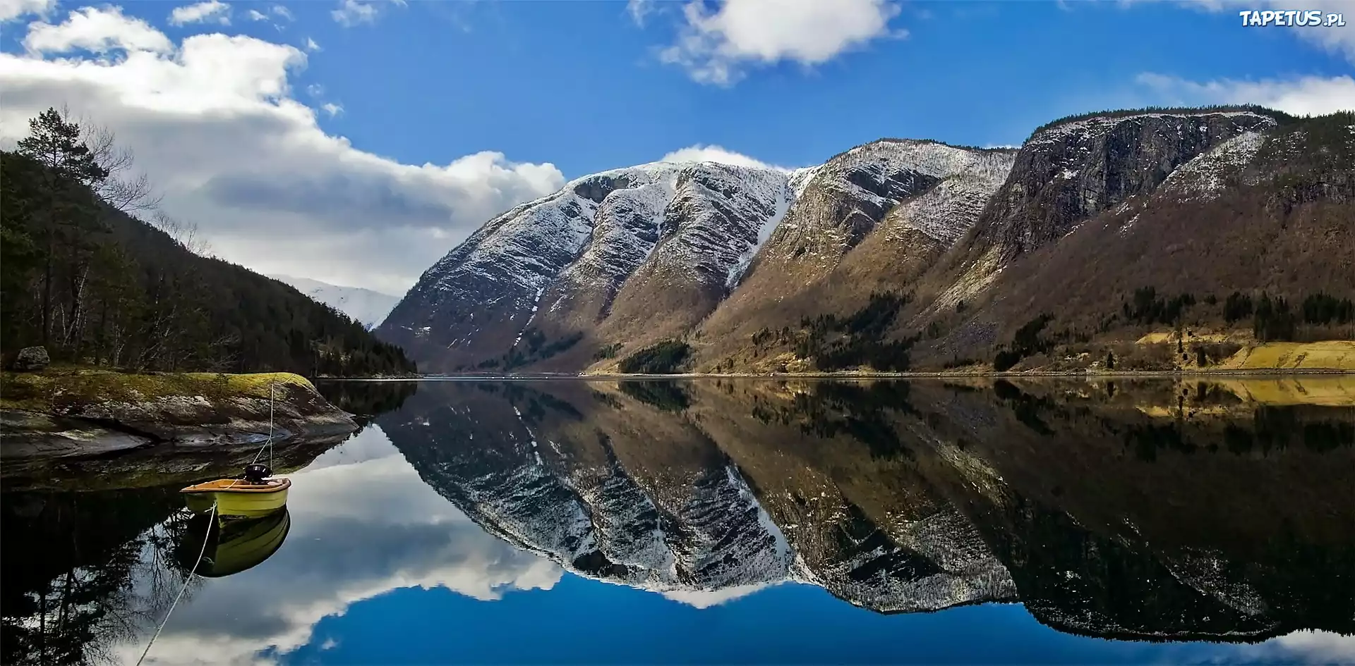 Góry, Las, Ulvikfjord, Łódka, Obłoki, Odbicie