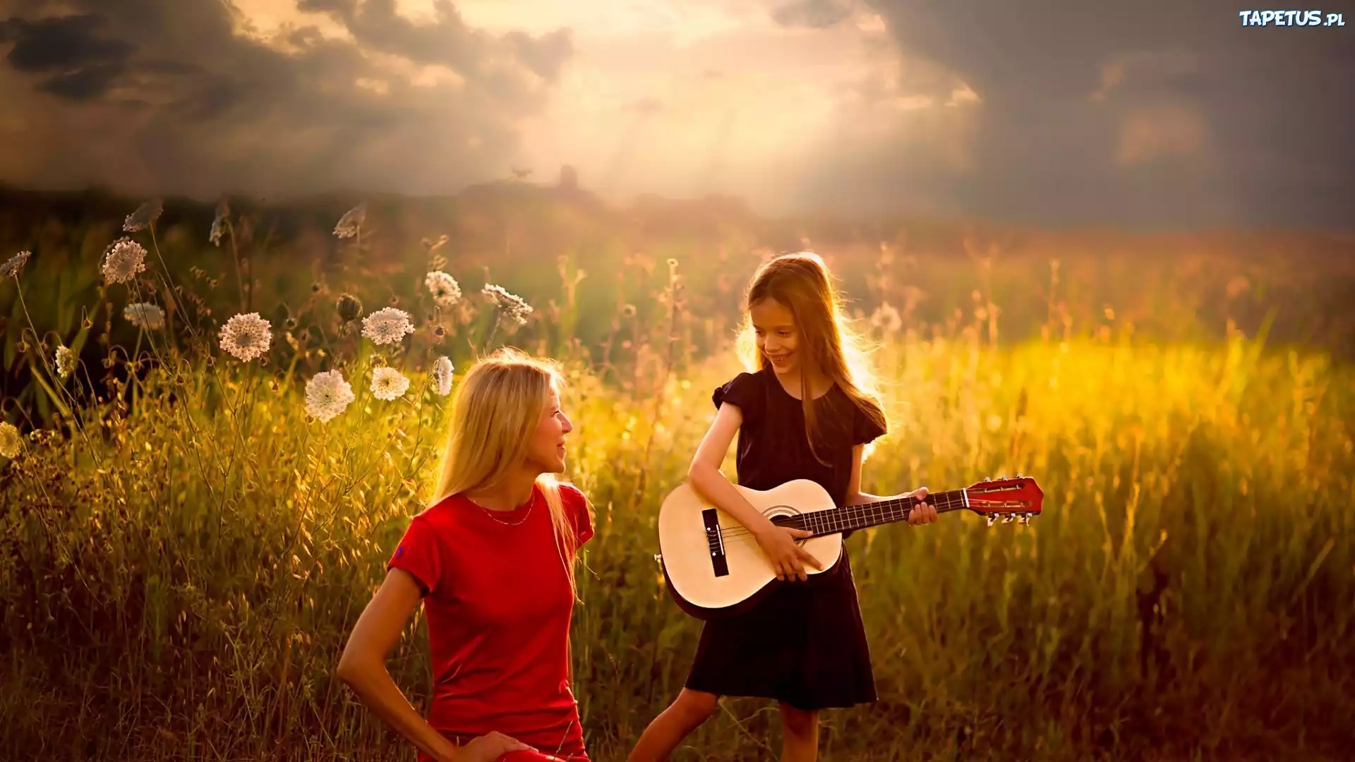 Łąka, Dziewczynka, Gitara, Blondynka, Mama, Córka