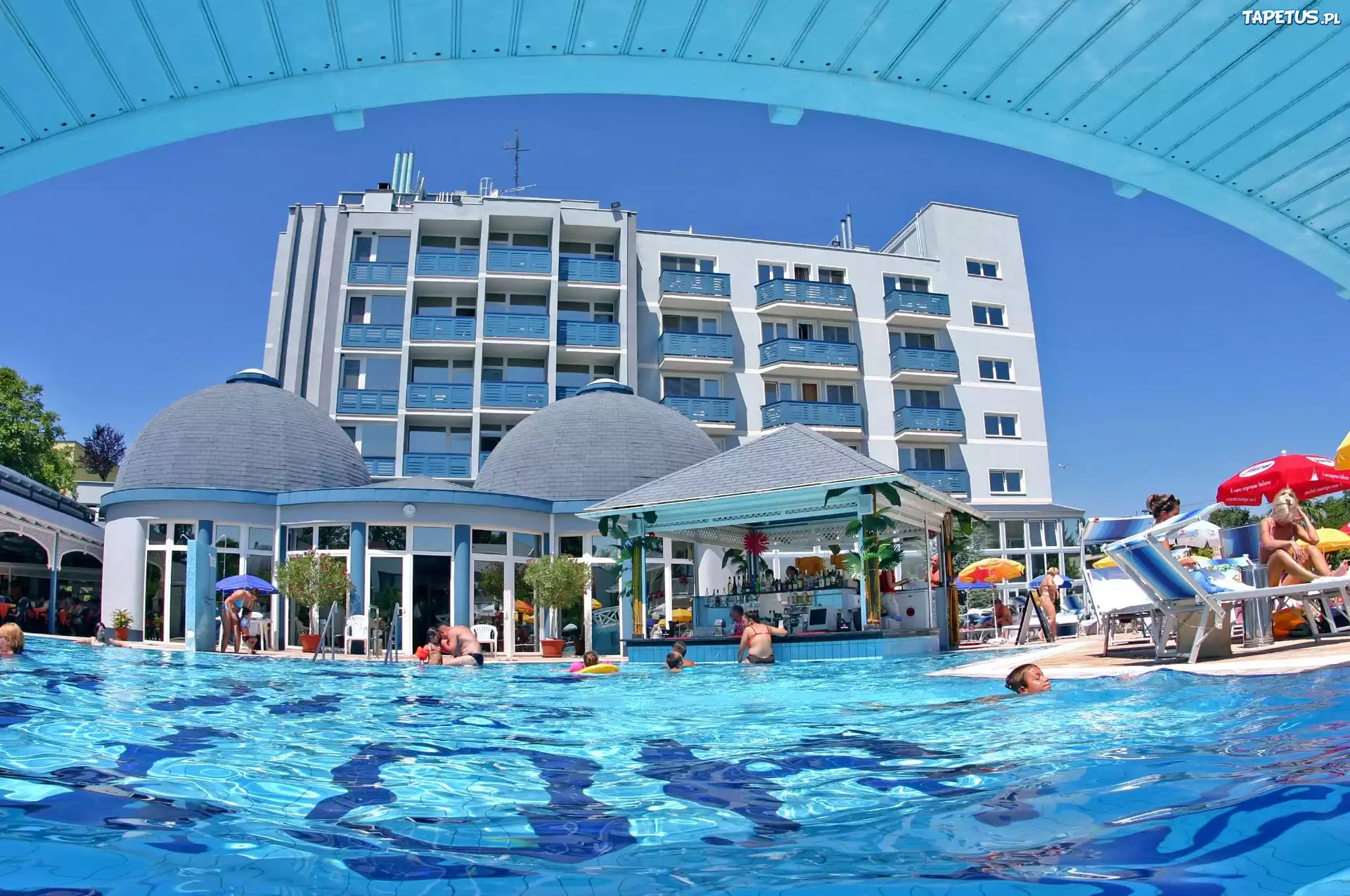 Hotel, Budynek, Basen, Błękit