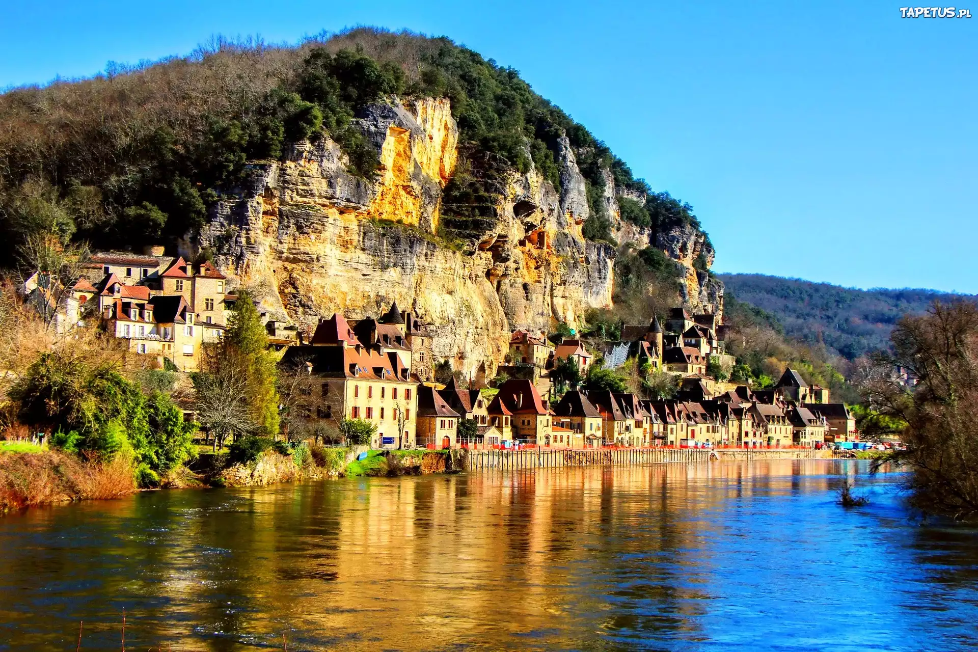Rzeka, Skały, Domy, La Roque Gageac, Francja