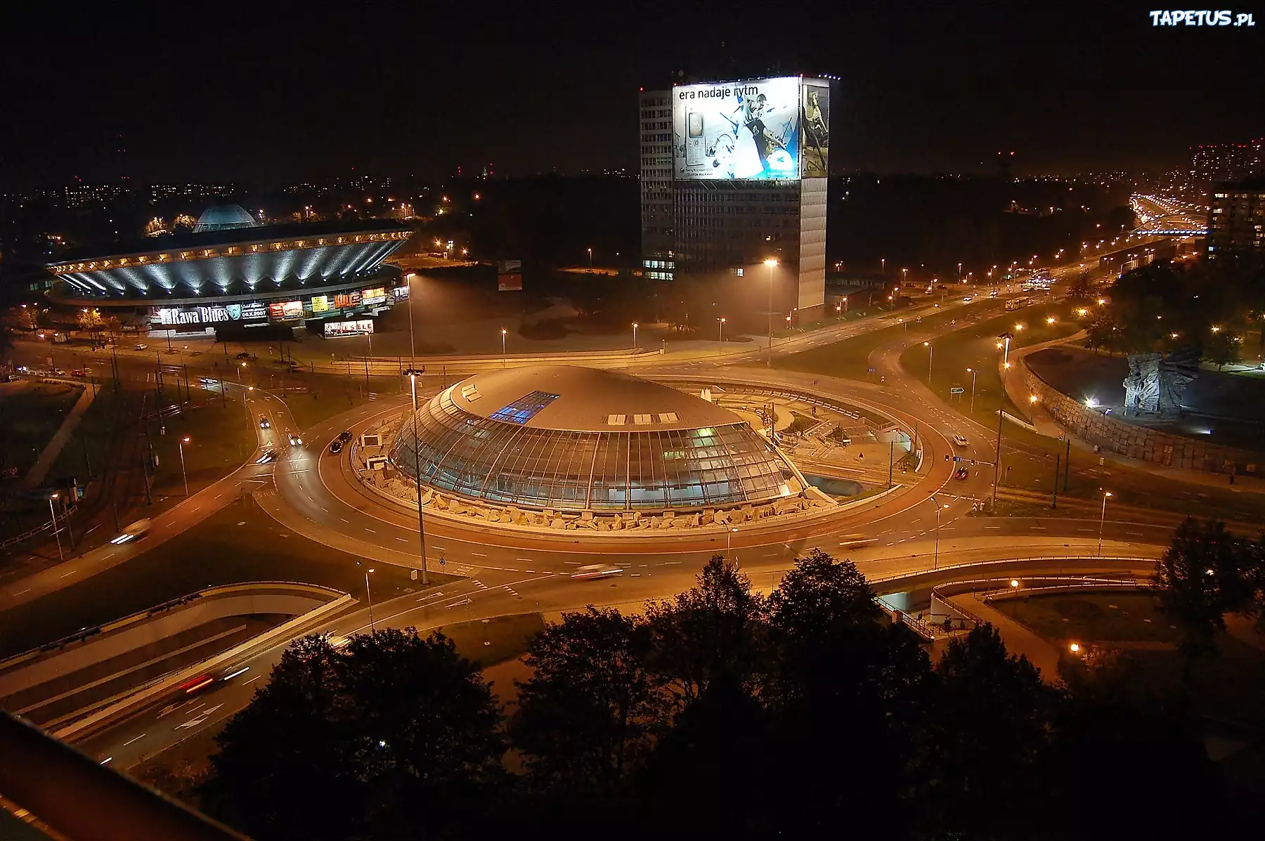 Katowice, Nocą, Rondo, Generała Jerzego Ziętka, Spodek