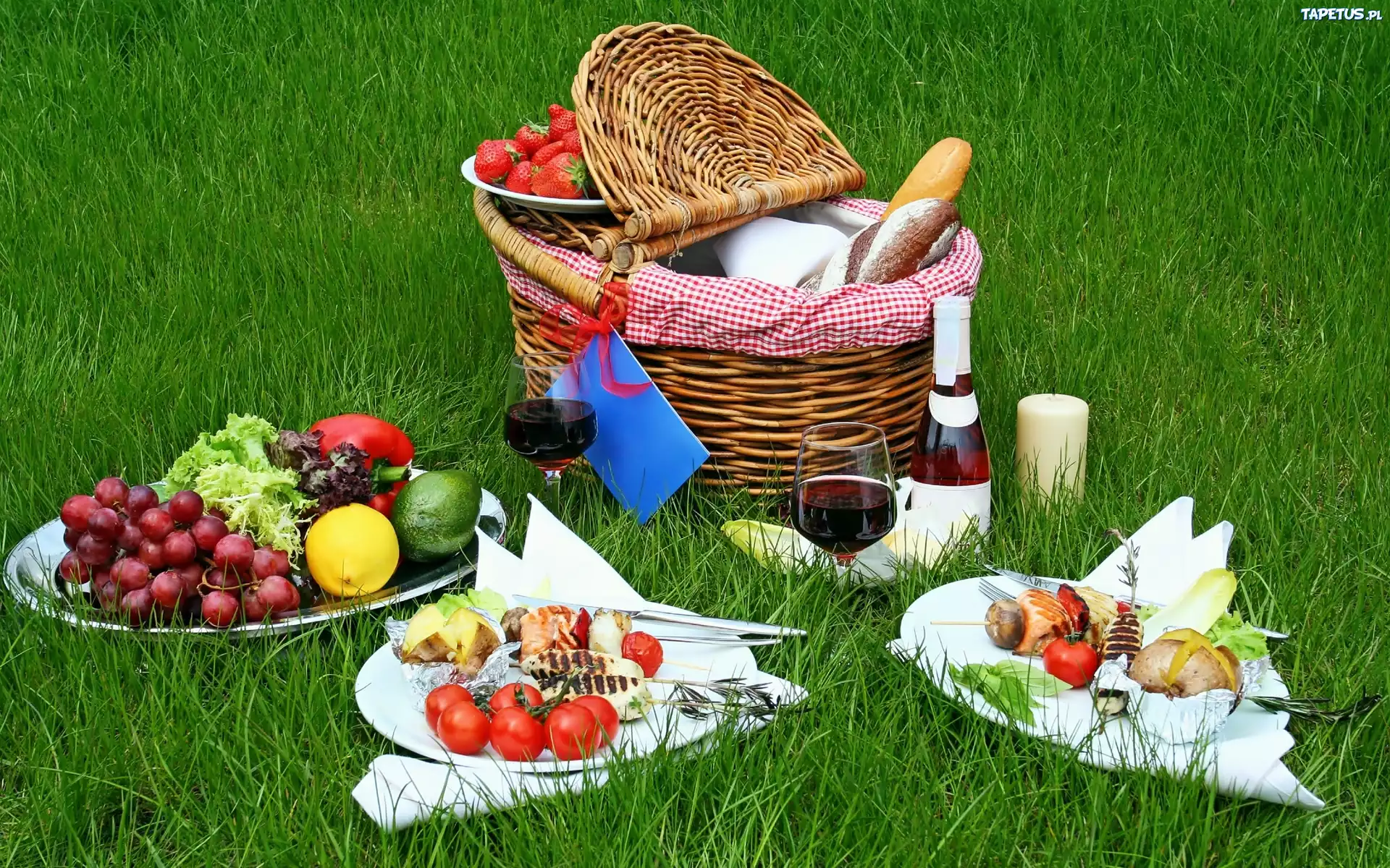 Koszyk, Łąka, Wino, Warzywa, Owoce, Piknik