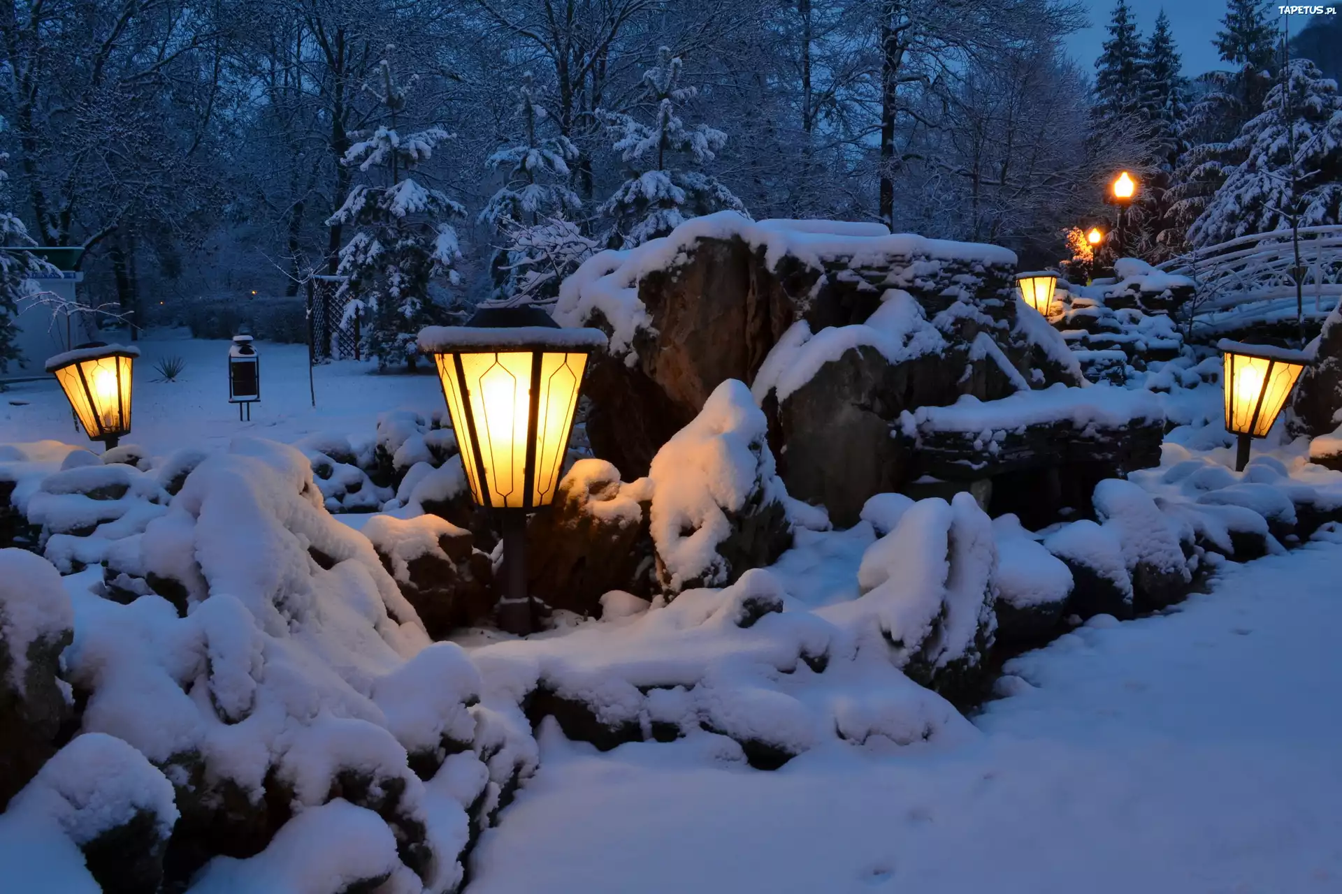 Park, Latarnie, Kamień, Alejki, Mostek, Zima
