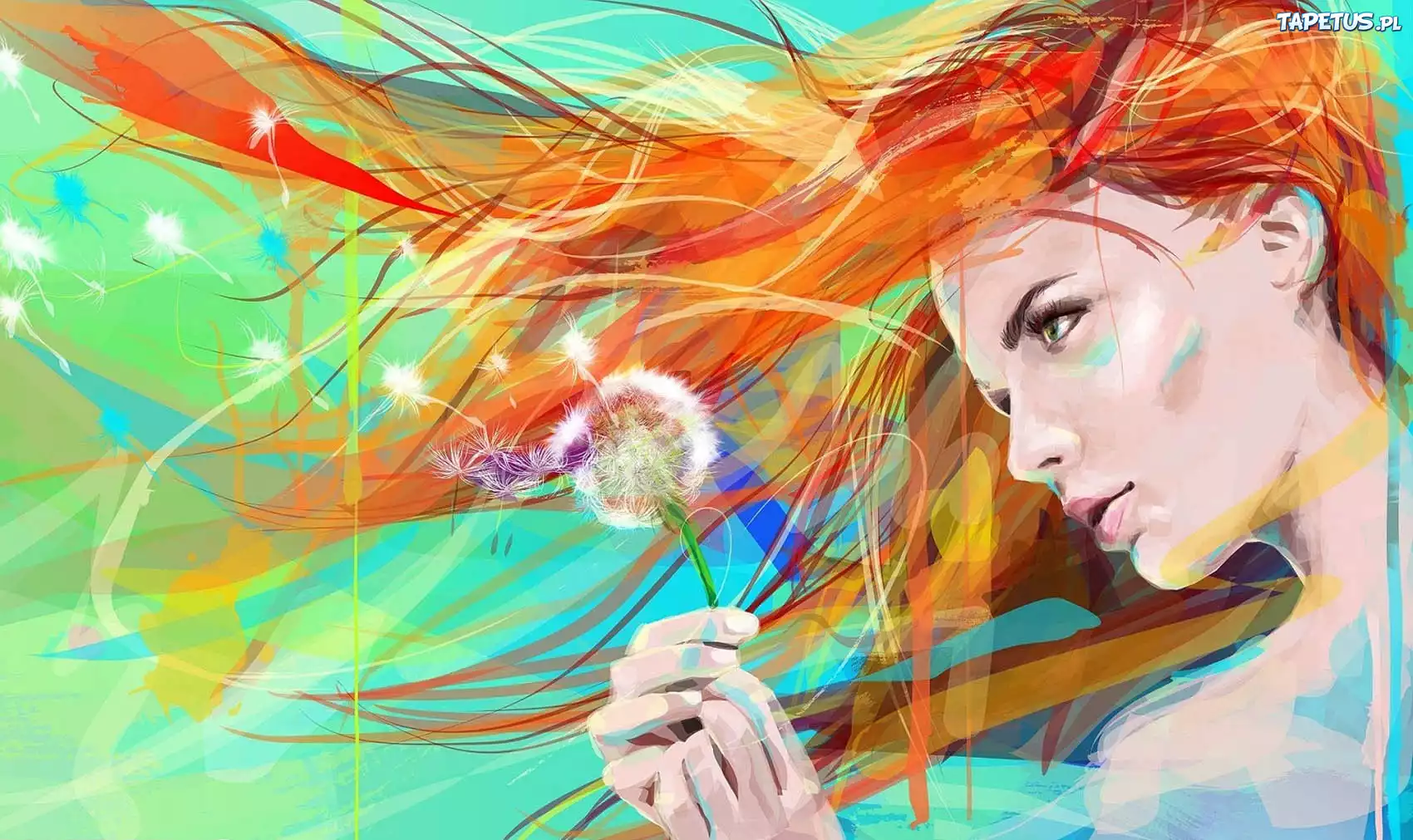 Grafika, Art, Rudowłosa, Dziewczyna, Dmuchawiec, Mniszek