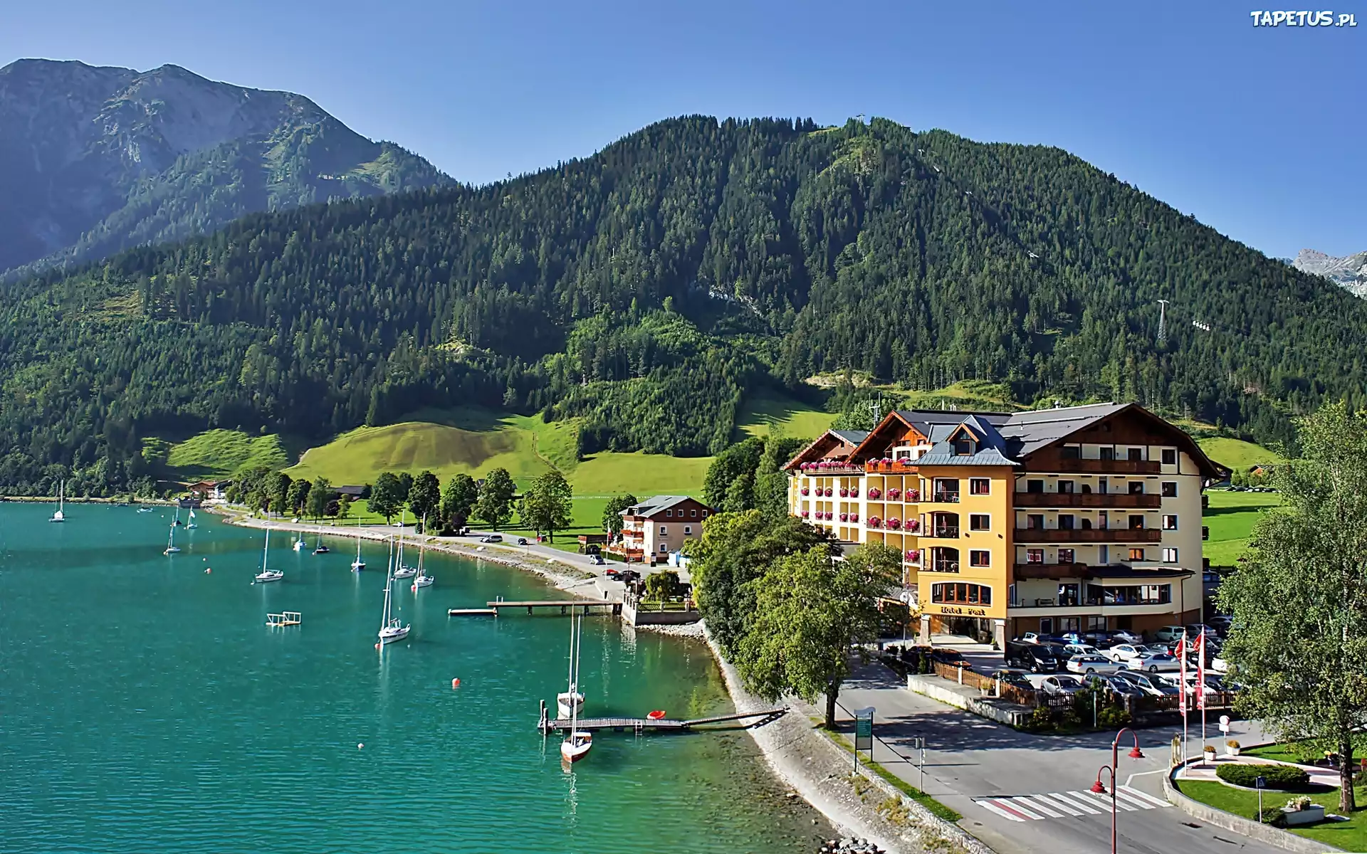 Tyrol, Góry, Lasy, Pertisau, Hotel, Jezioro, Achensee, Jachty