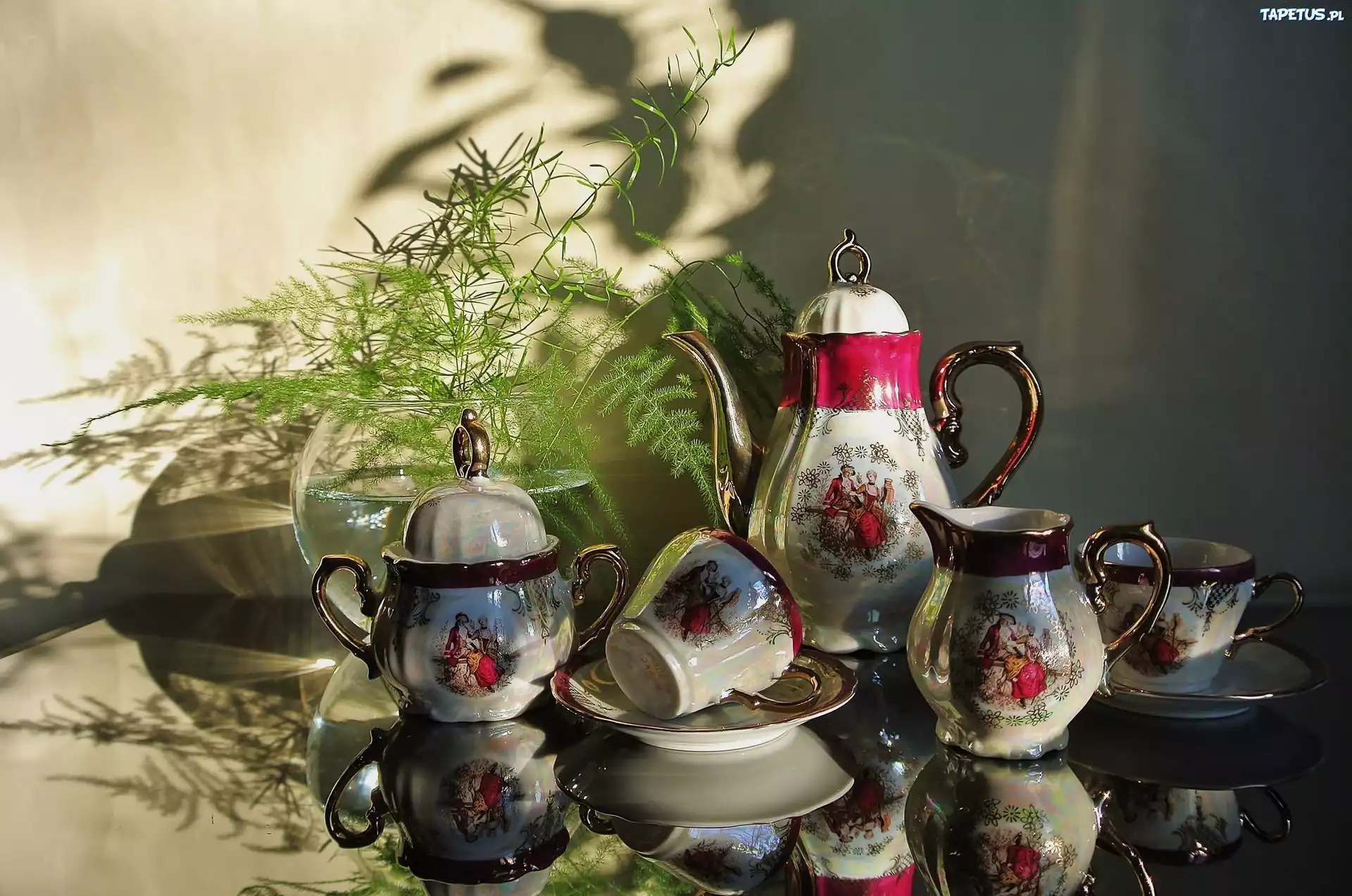 Filiżanki, Dzbanek, Porcelana, Cienie, Odbicie