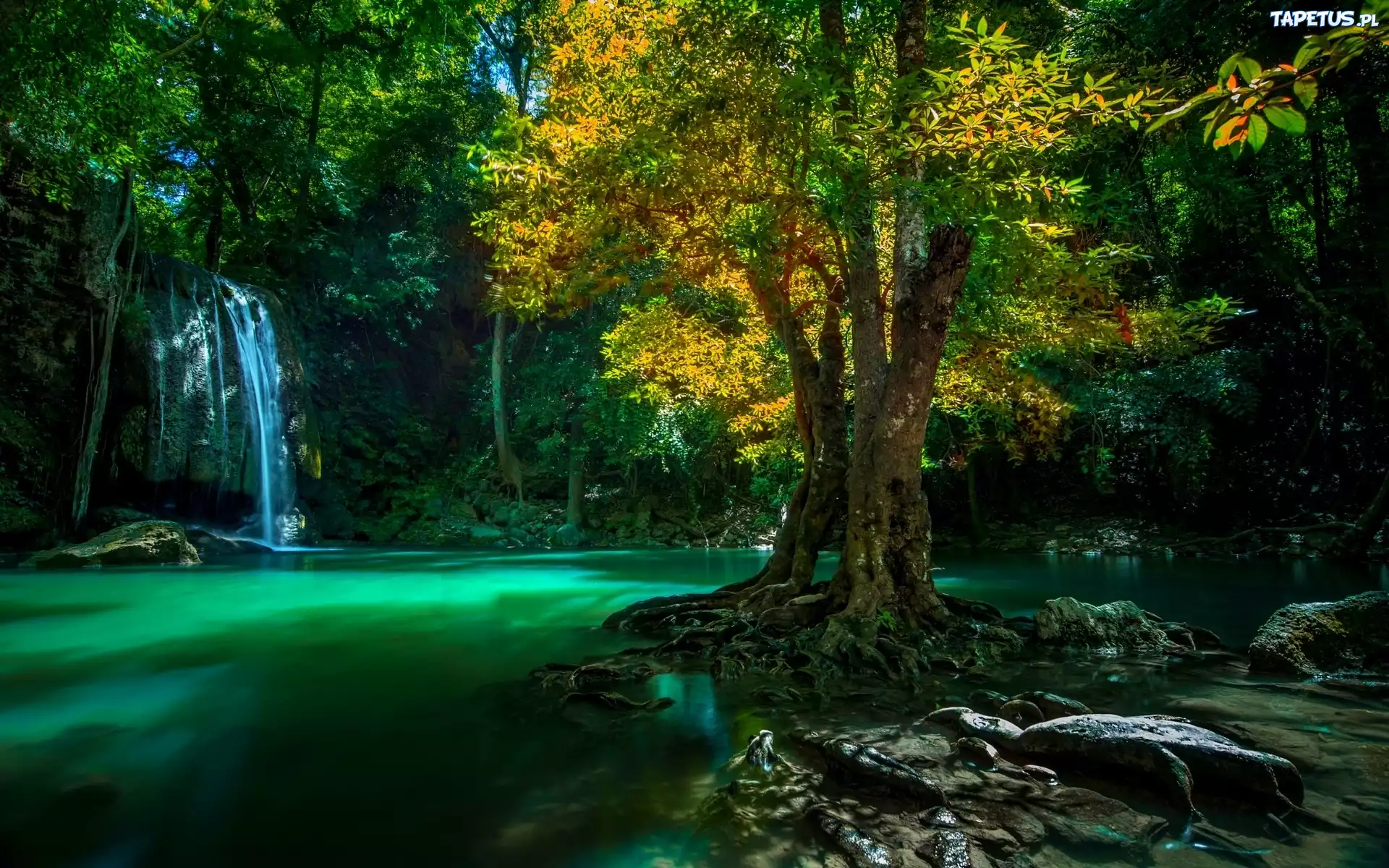 Wodospad, Rzeka, Park Erawan, Tajlandia