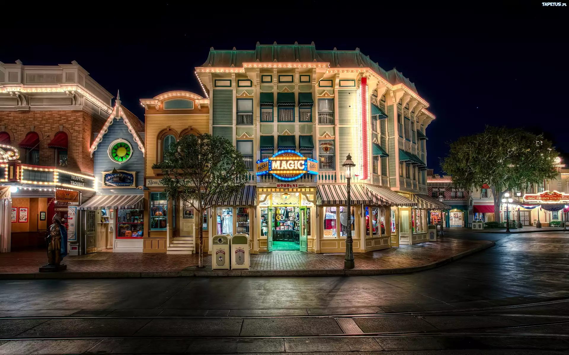 Miasto, Noc, Budynki, Ulica, Disneyland, Kalifornia, USA