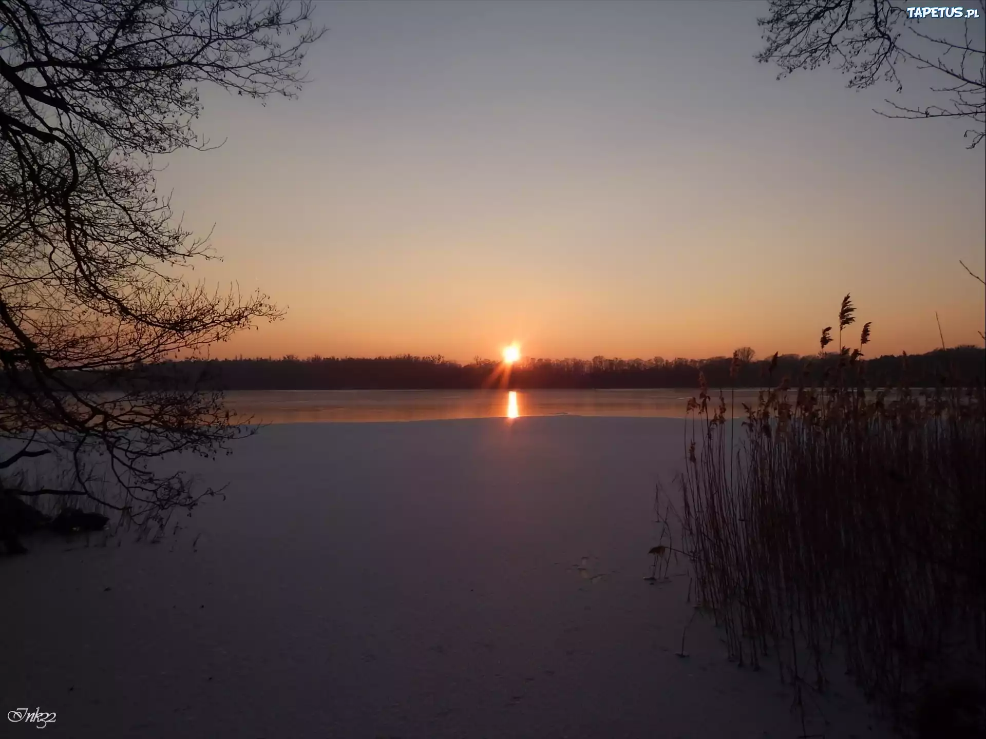 Zachód, Słońca, Jezioro, Lód, Trzciny