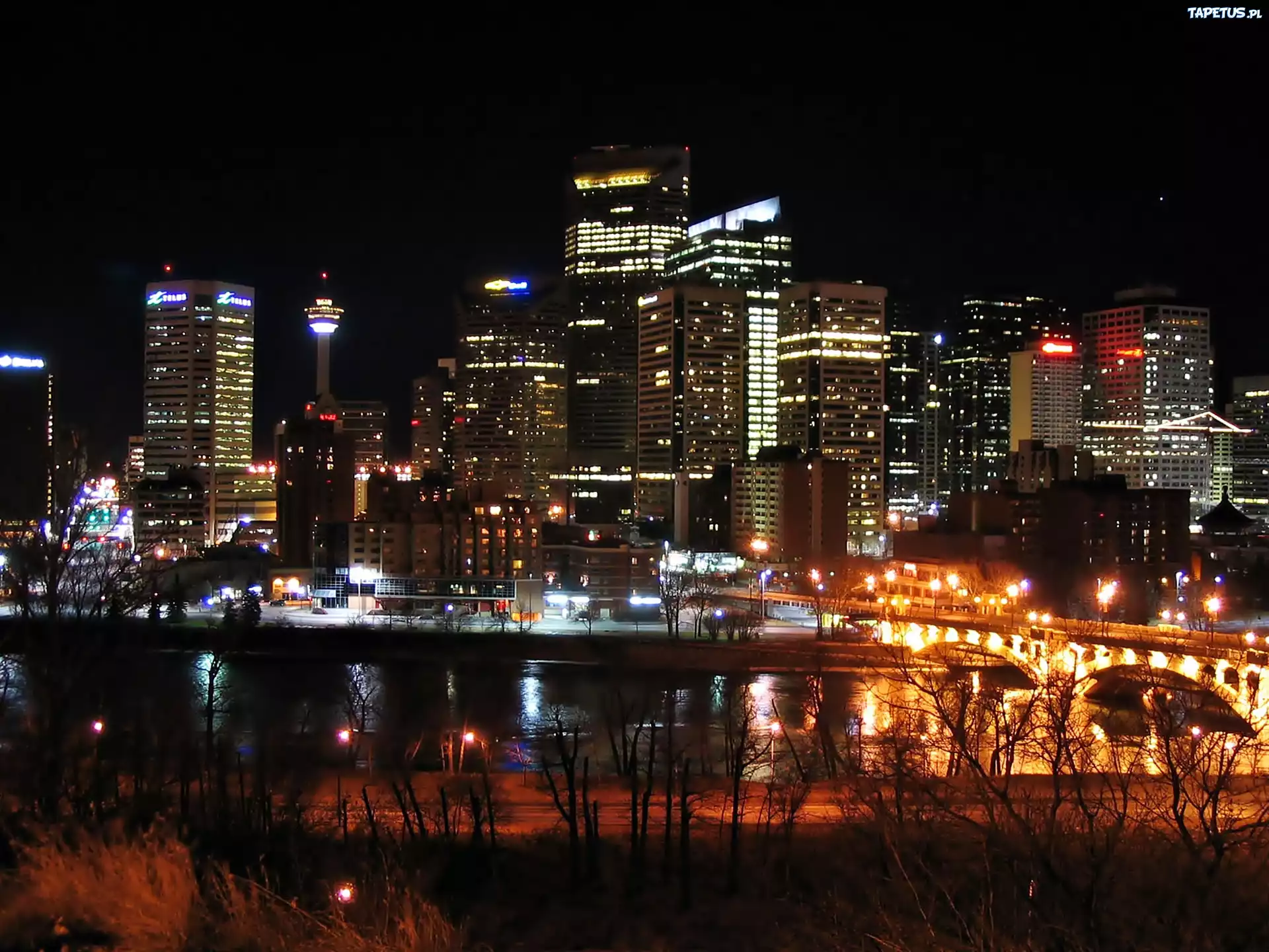 Drapacze Chmur, Rzeka, Most, Calgary, Nocą