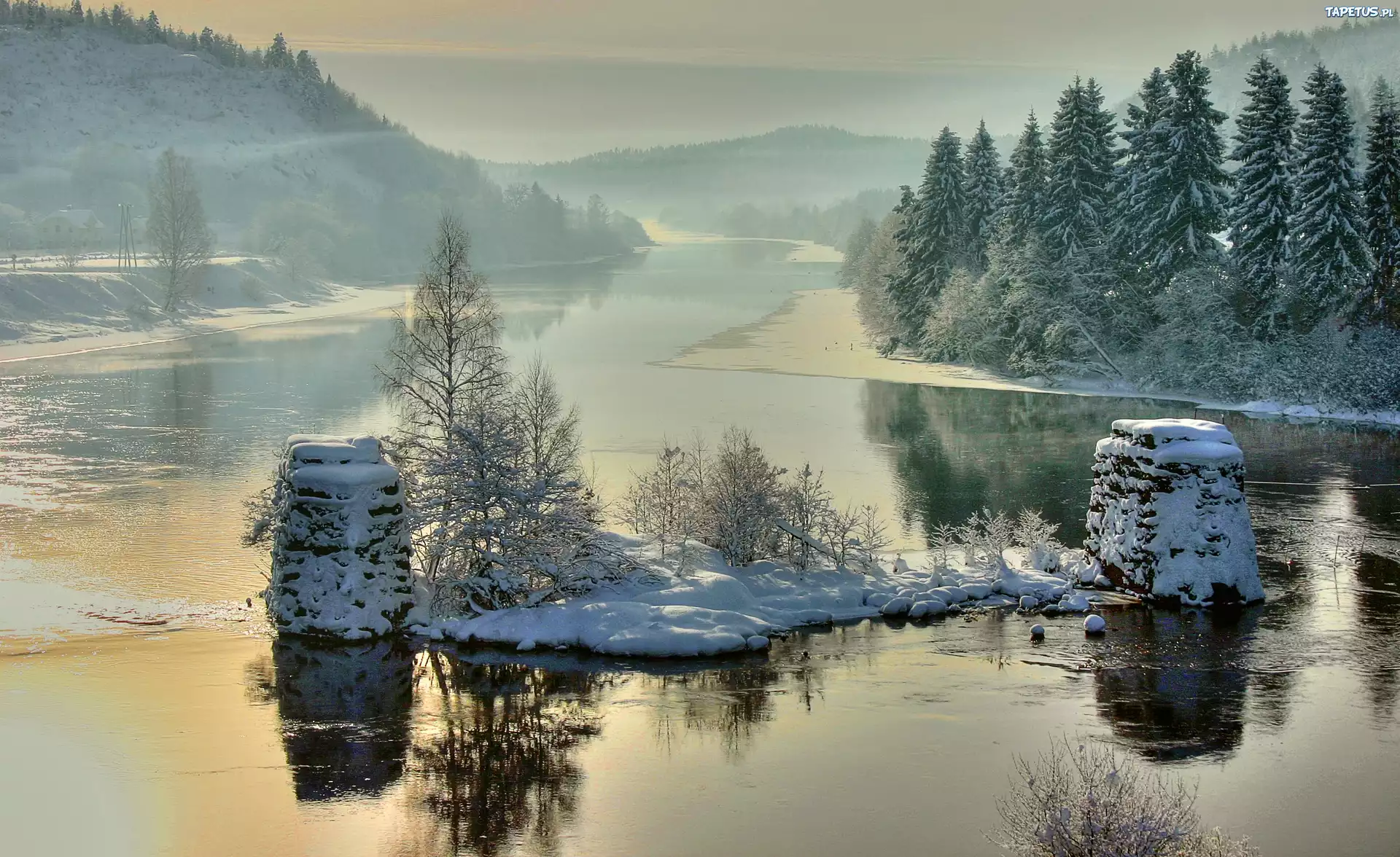 Rzeka, Góry, Drzewa, Śnieg