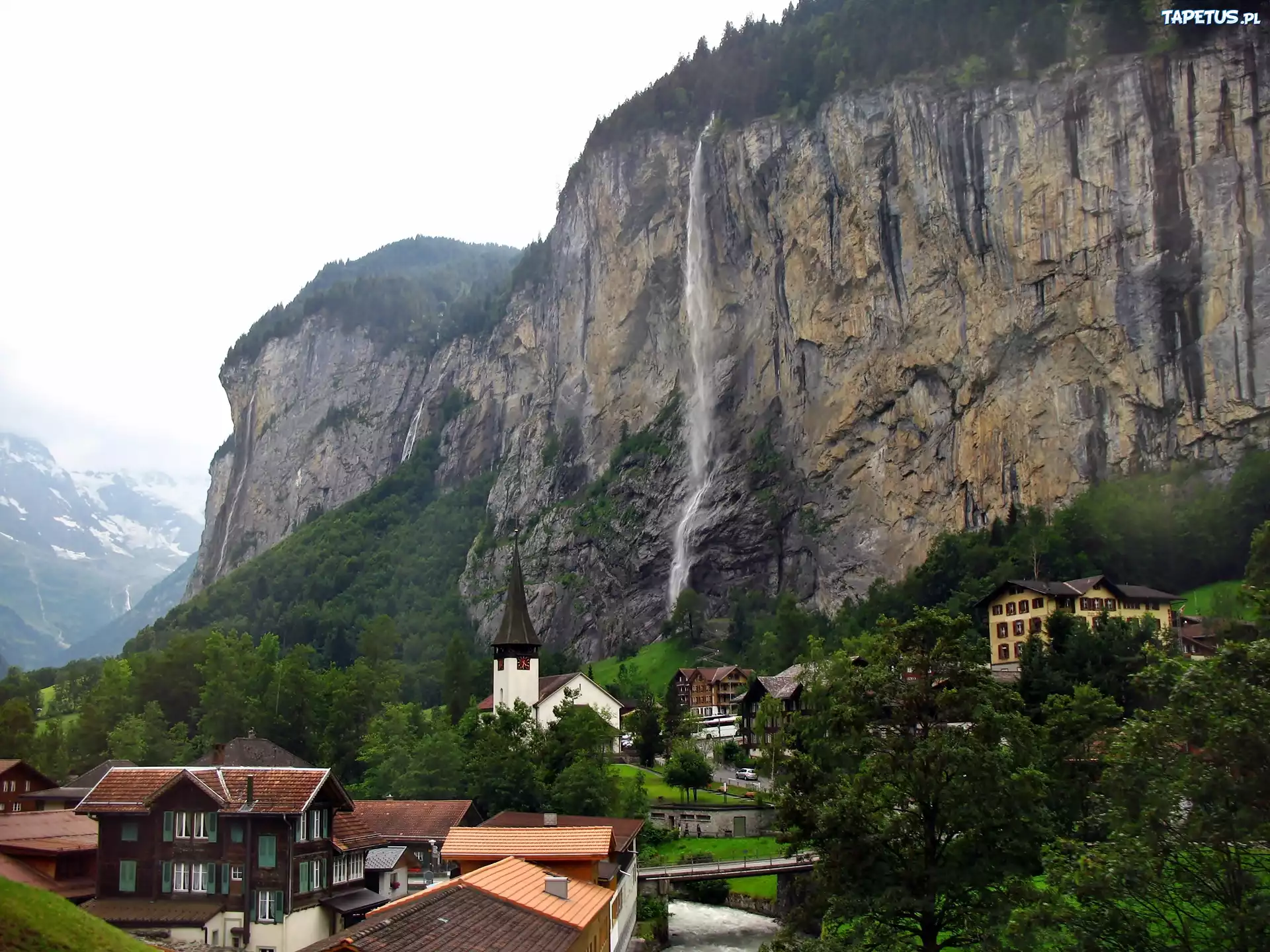 Góry, Las, Wodospad, Panorama, Lauterbrunnen