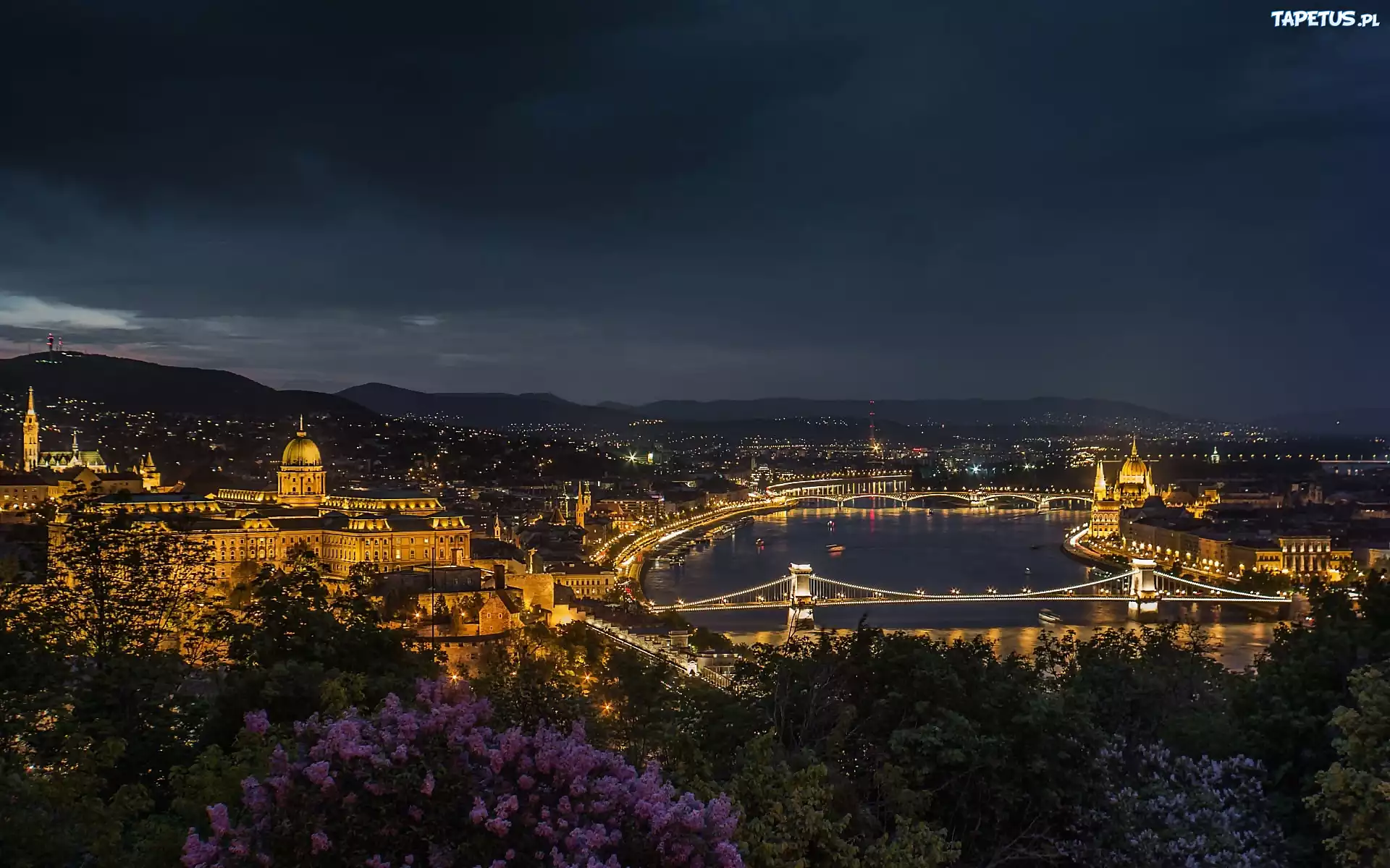 Węgry, Budapeszt, Miasto, Nocą, Rzeka, Most