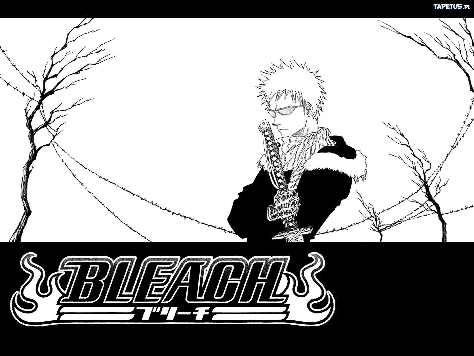 Bleach, napis, postać, miecz, drzewa