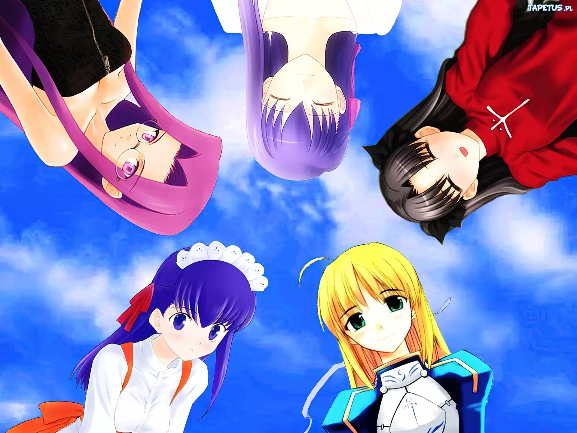 Fate Stay Night, dziewczyny, chmury, niebo, oczy, okulary