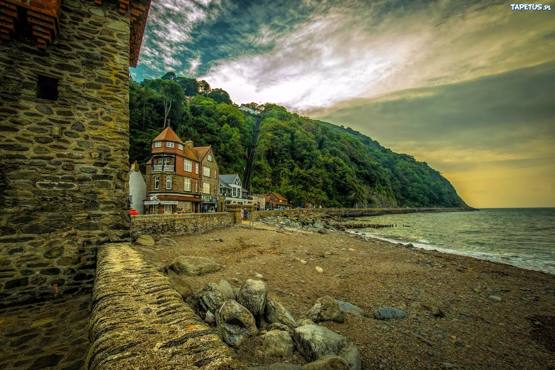 Wybrzeże, Plaża, Kamienie, Domy, Lynmouth, Anglia