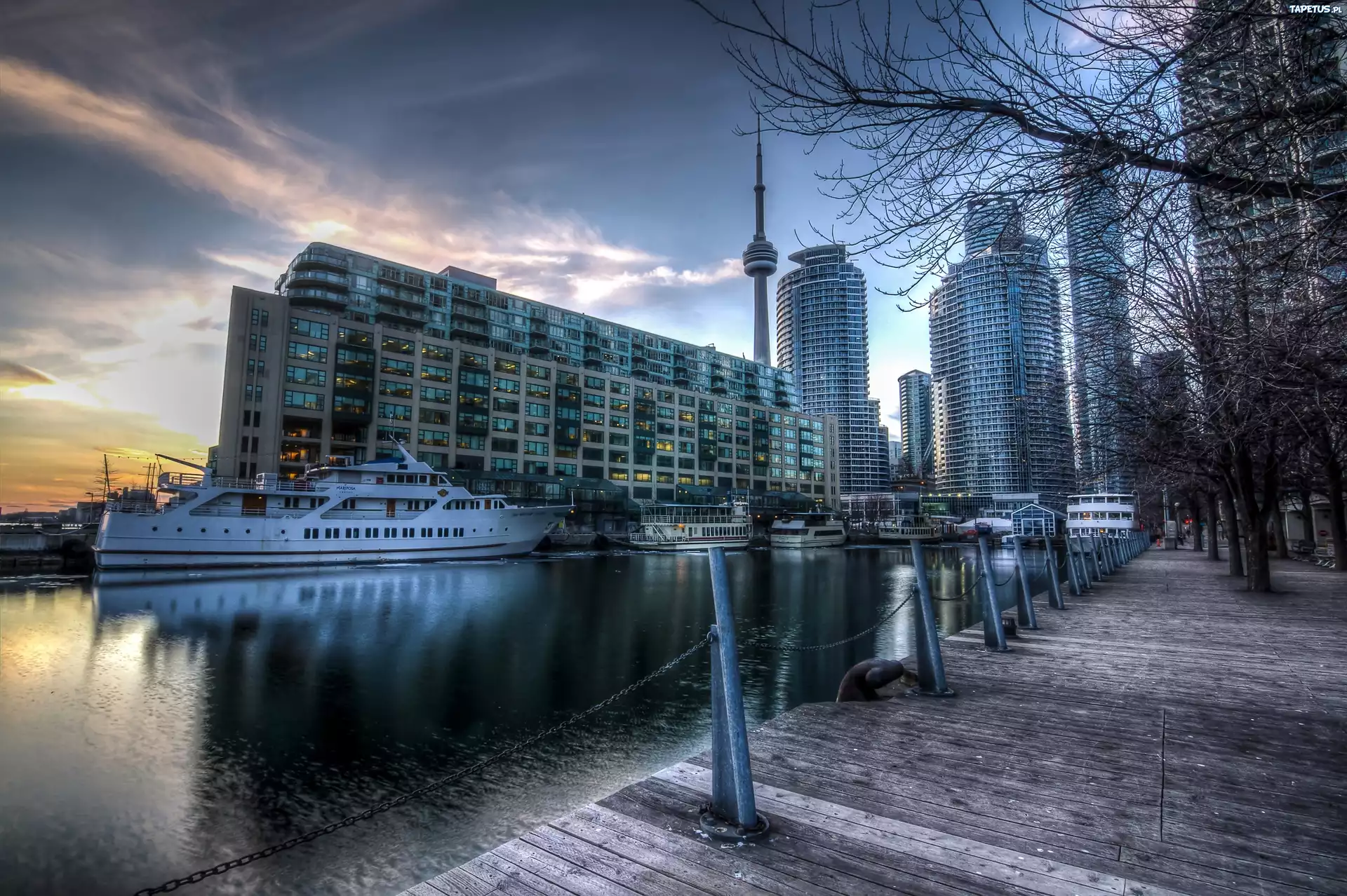 Kanada, Toronto, Harbourfront, Wschód, Słońca,Statki