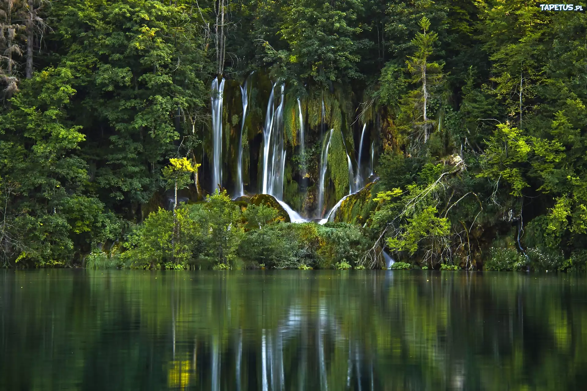 Park Narodowy Jeziora Plitwickie, Chorwacja, Wodospad, Jezioro, Las, Odbicie