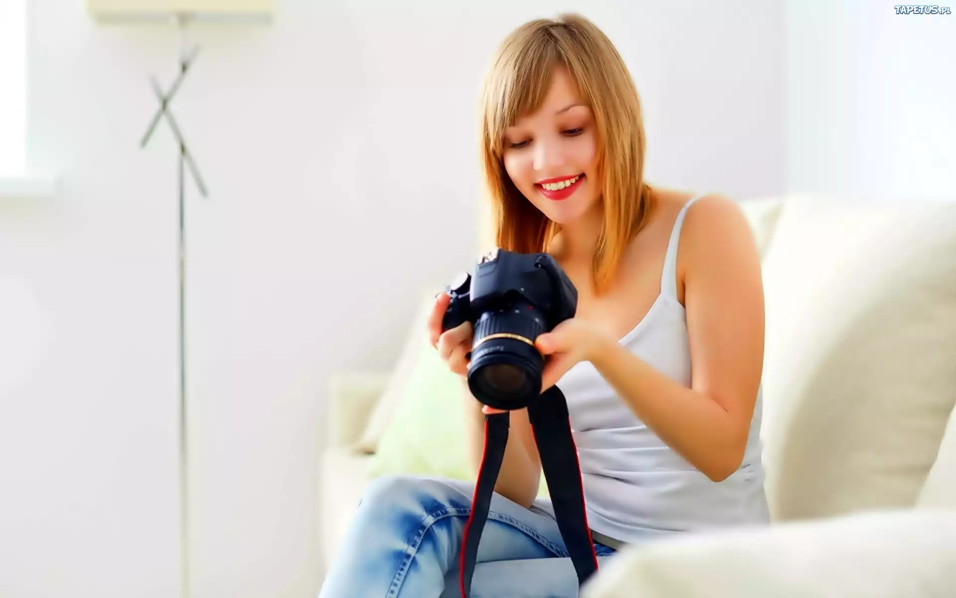 Uśmiechnięta, Dziewczyna, Makijaż, Aparat, Fotograficzny