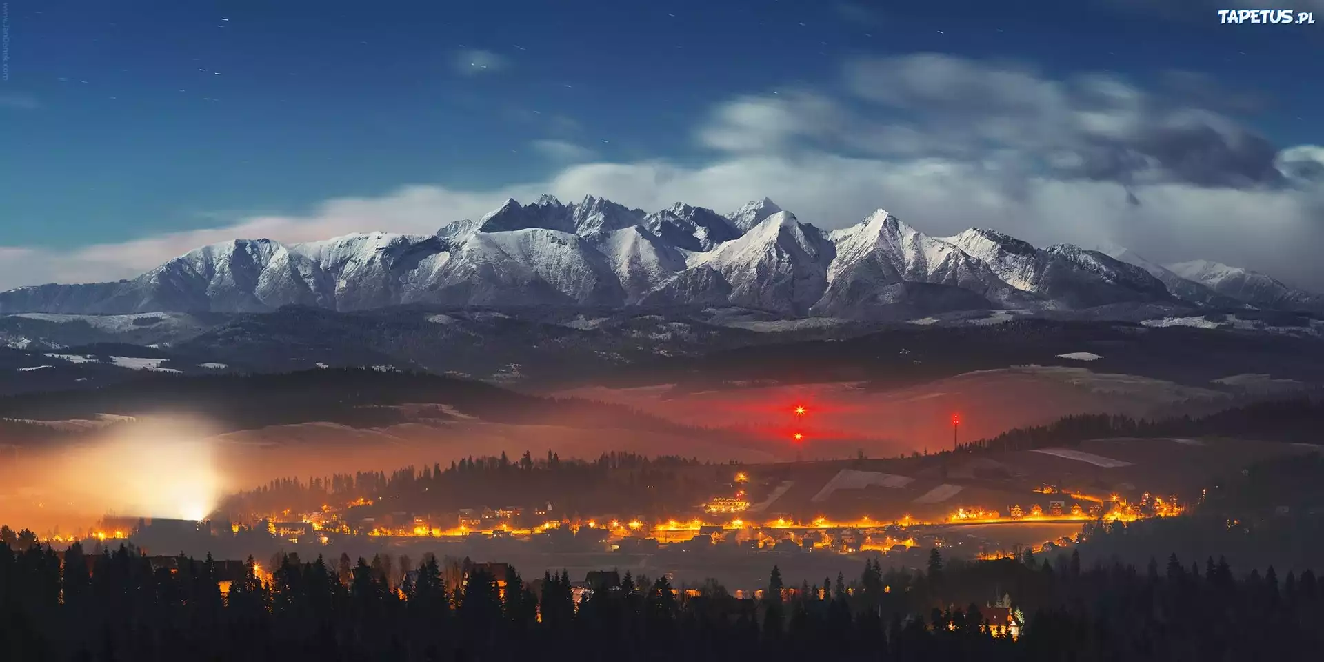 Góry, Tatry, Noc, Domy, Drzewa