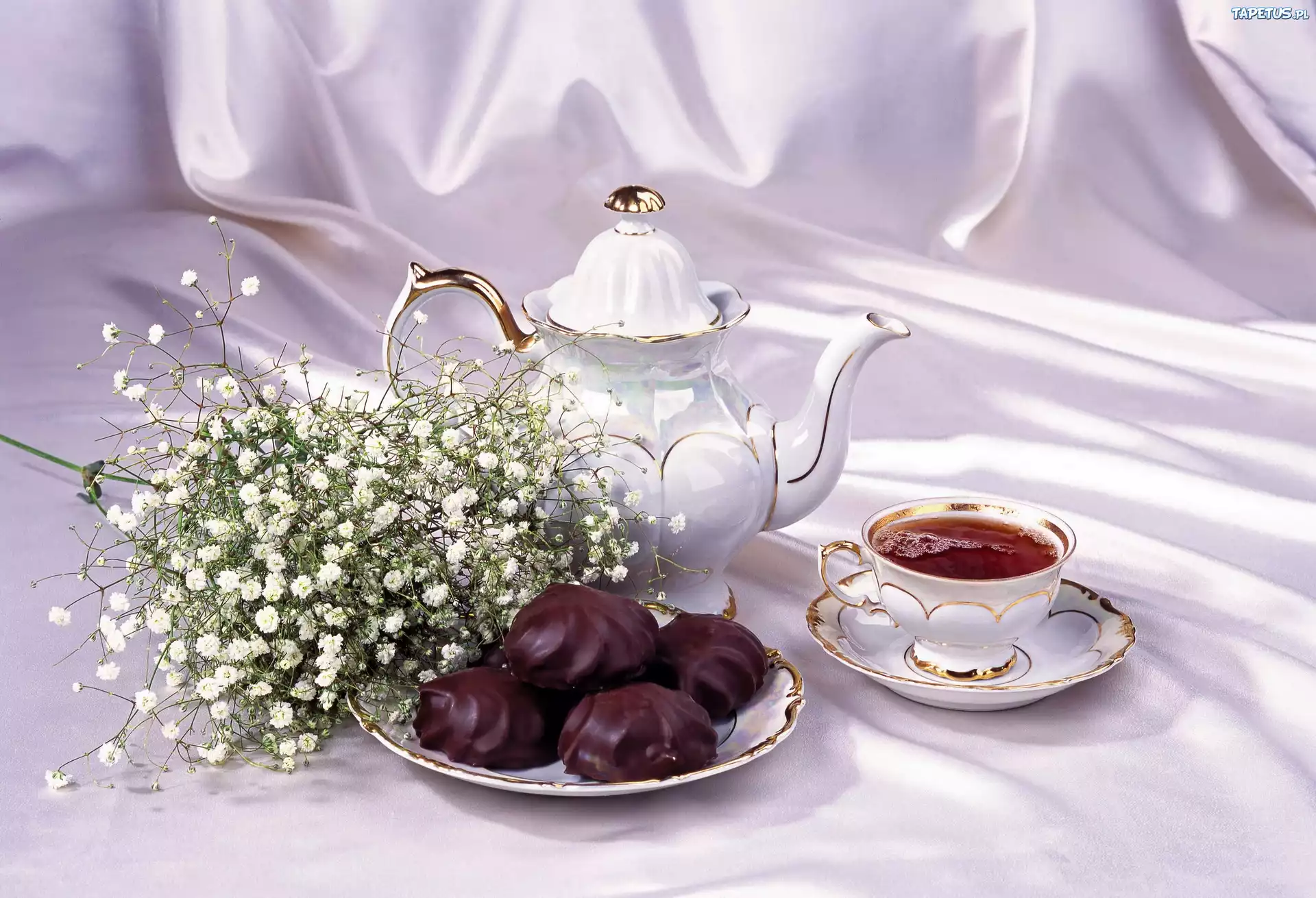 Porcelana, Herbata, Kwiatki, Czekoladowe, Ciasteczka